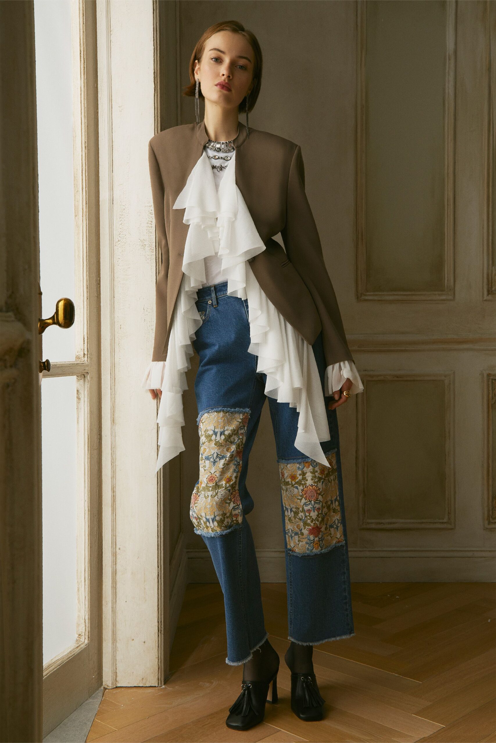 brown cotton long-sleeve collared structured ruffled blazer