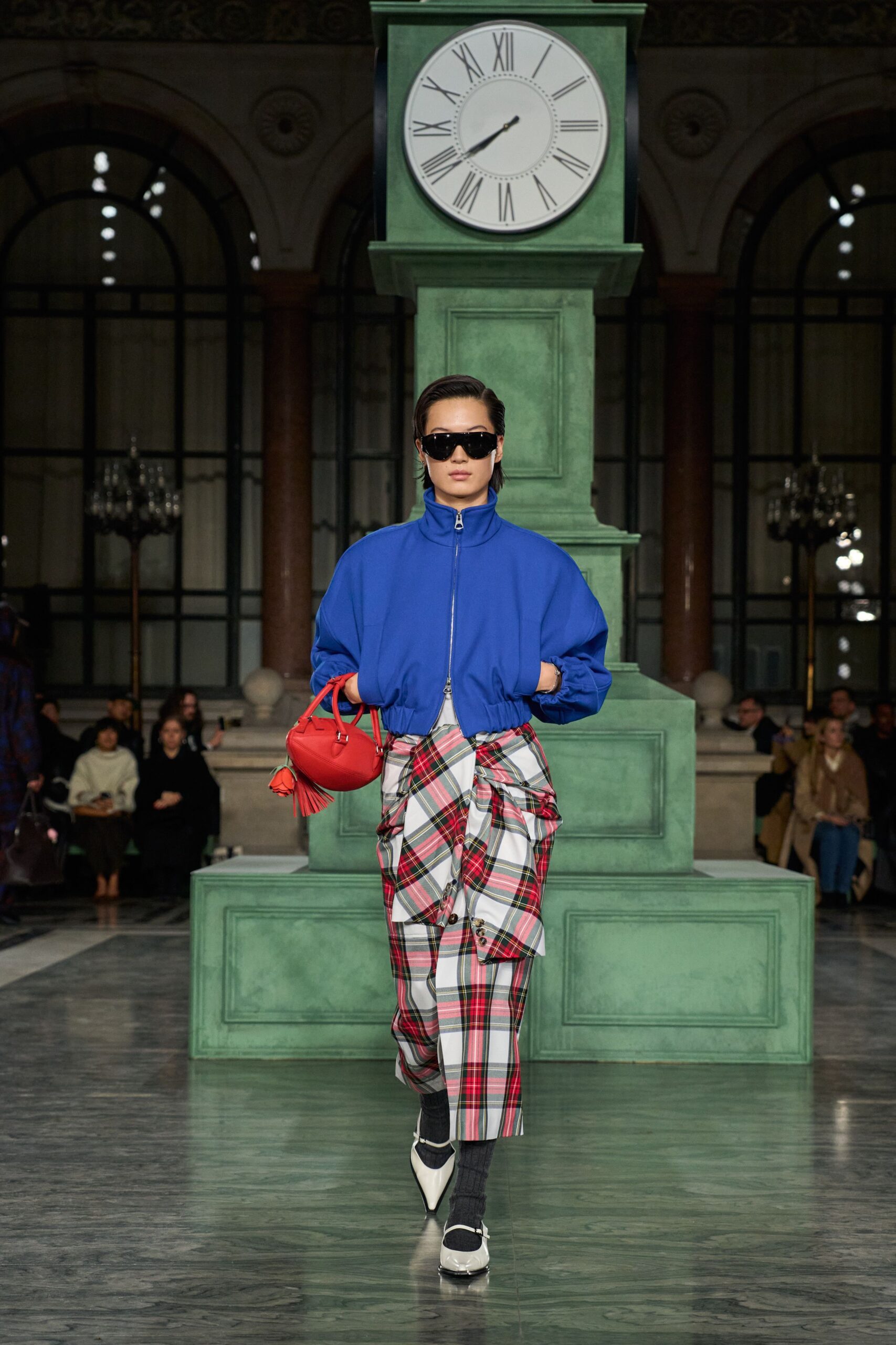 blue relaxed jacket with checked pants