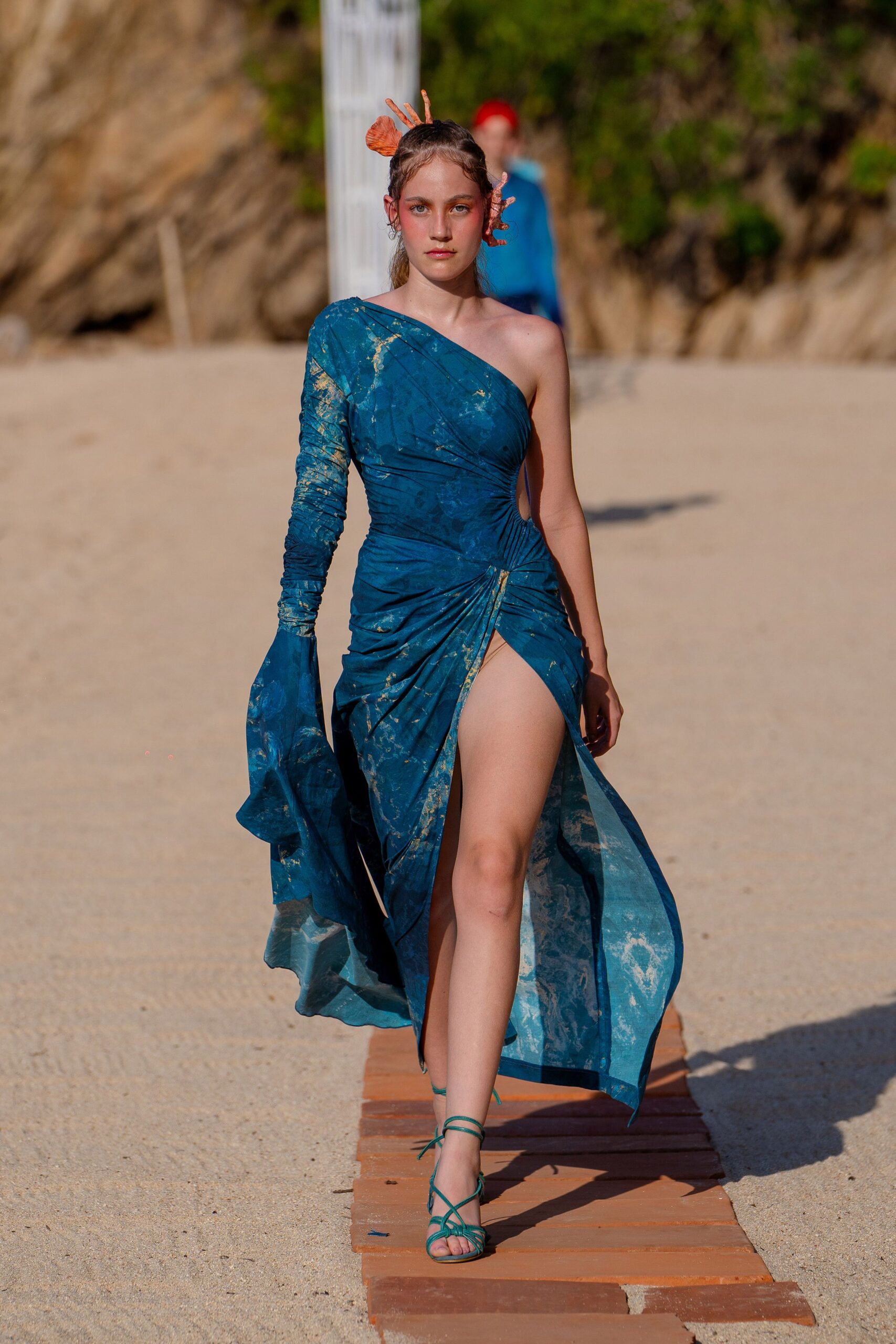 blue silk long-sleeve off-shoulder fitted draped embroidered gown