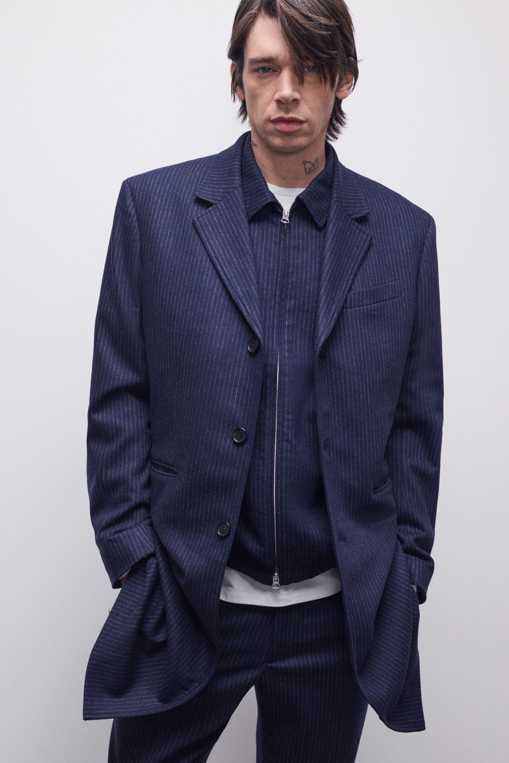 blue striped tailored suit