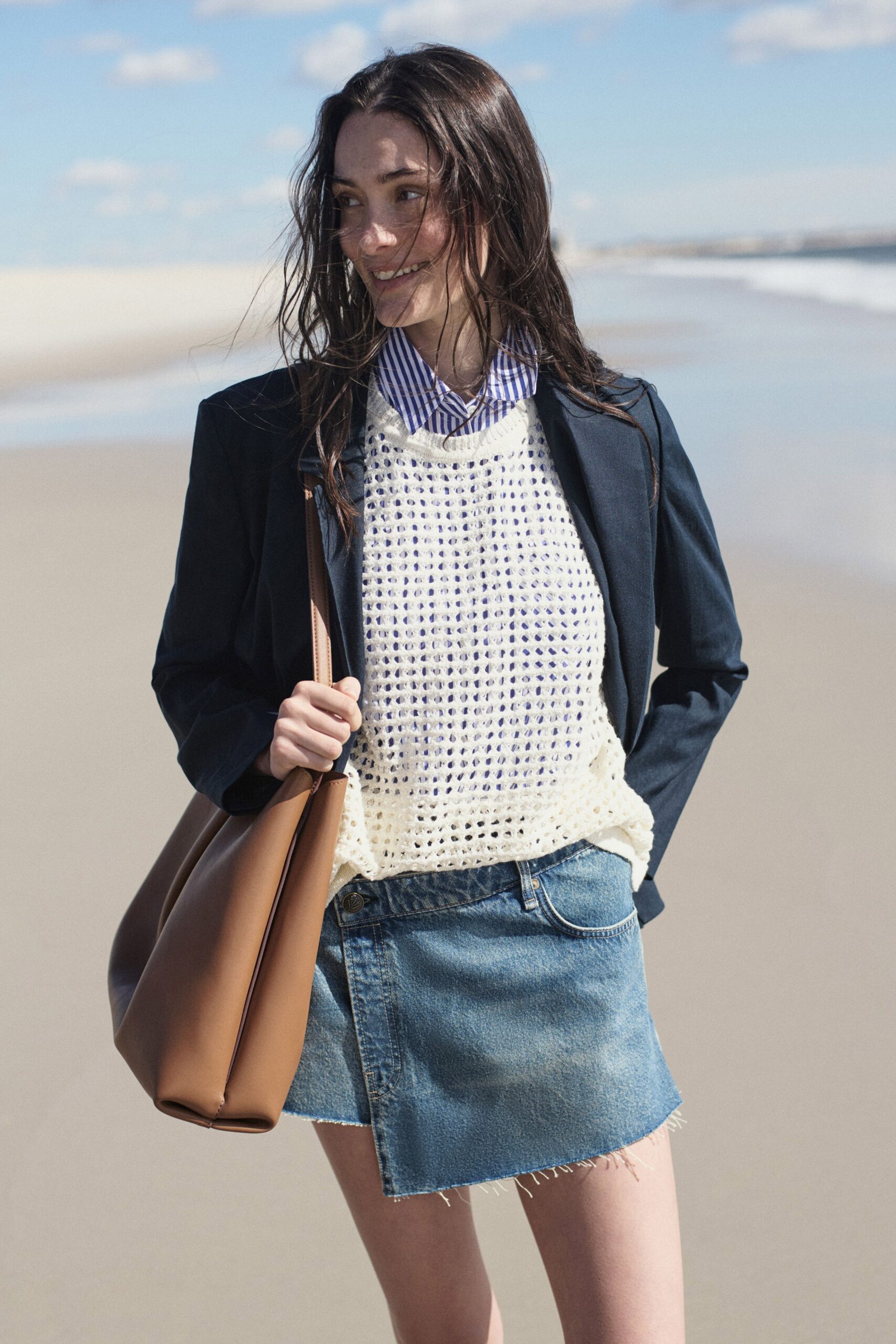 black blazer with denim skirt
