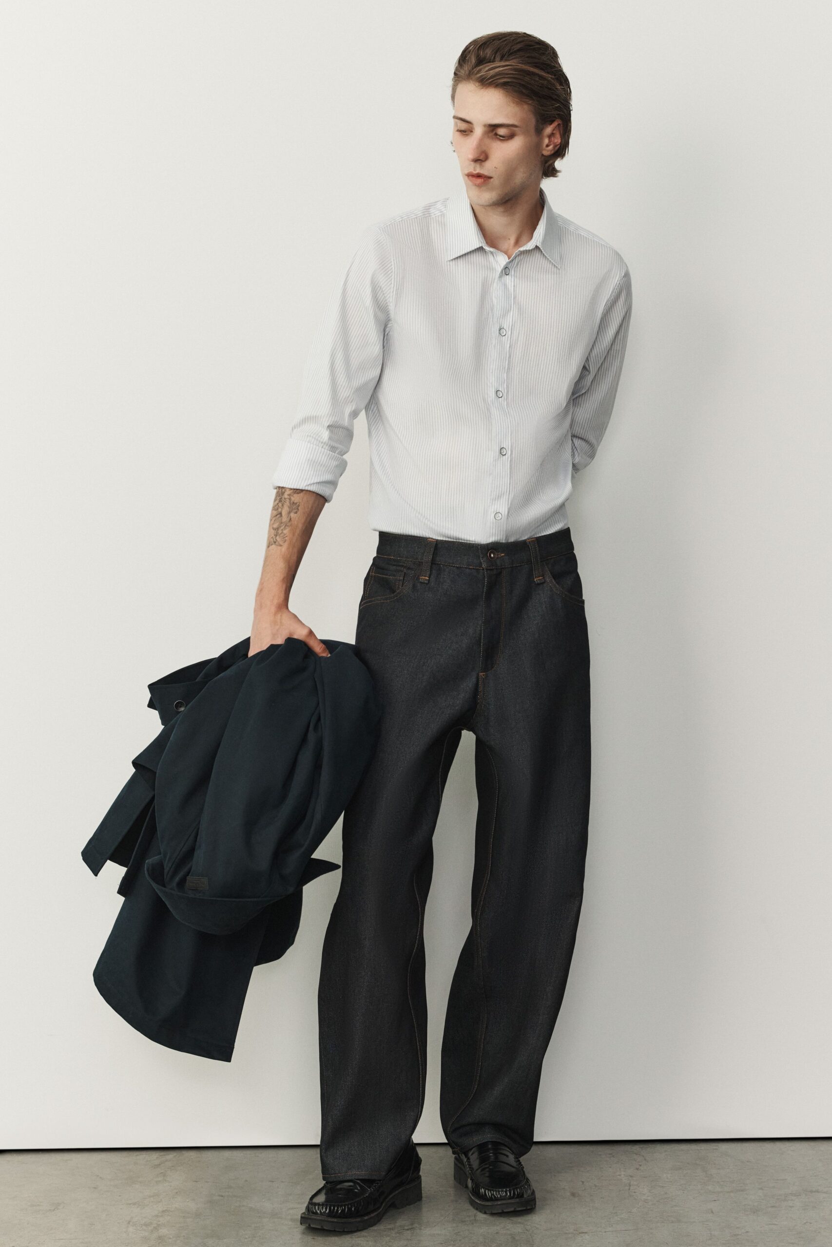white shirt black pants coat