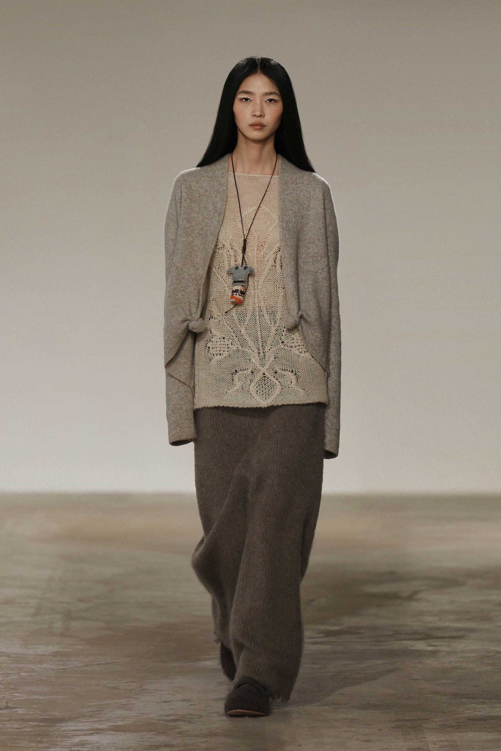 gray cardigan beige top brown skirt