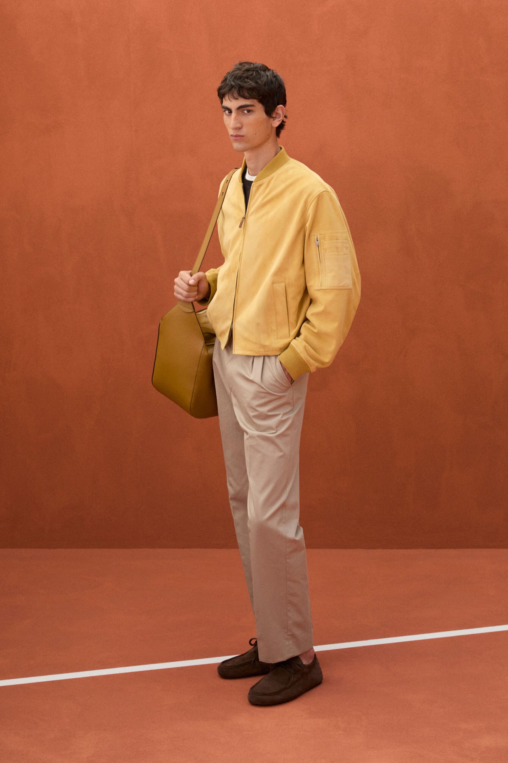 yellow suede long-sleeve collared fitted jacket