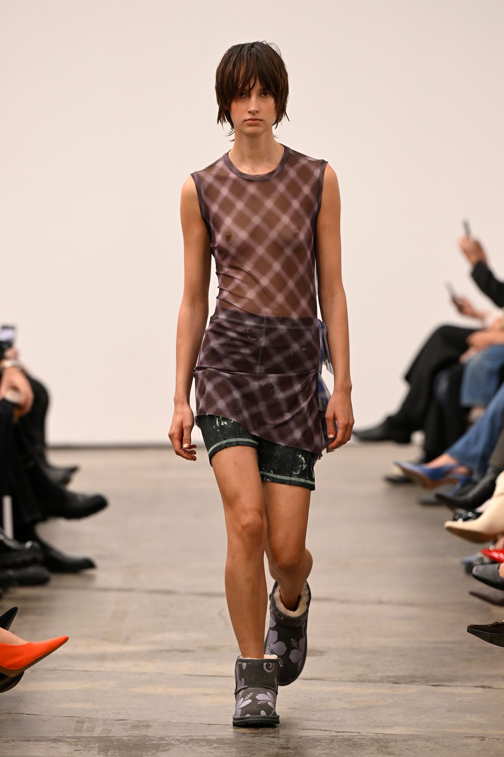 purple mesh sleeveless high-neck fitted checked sheer top