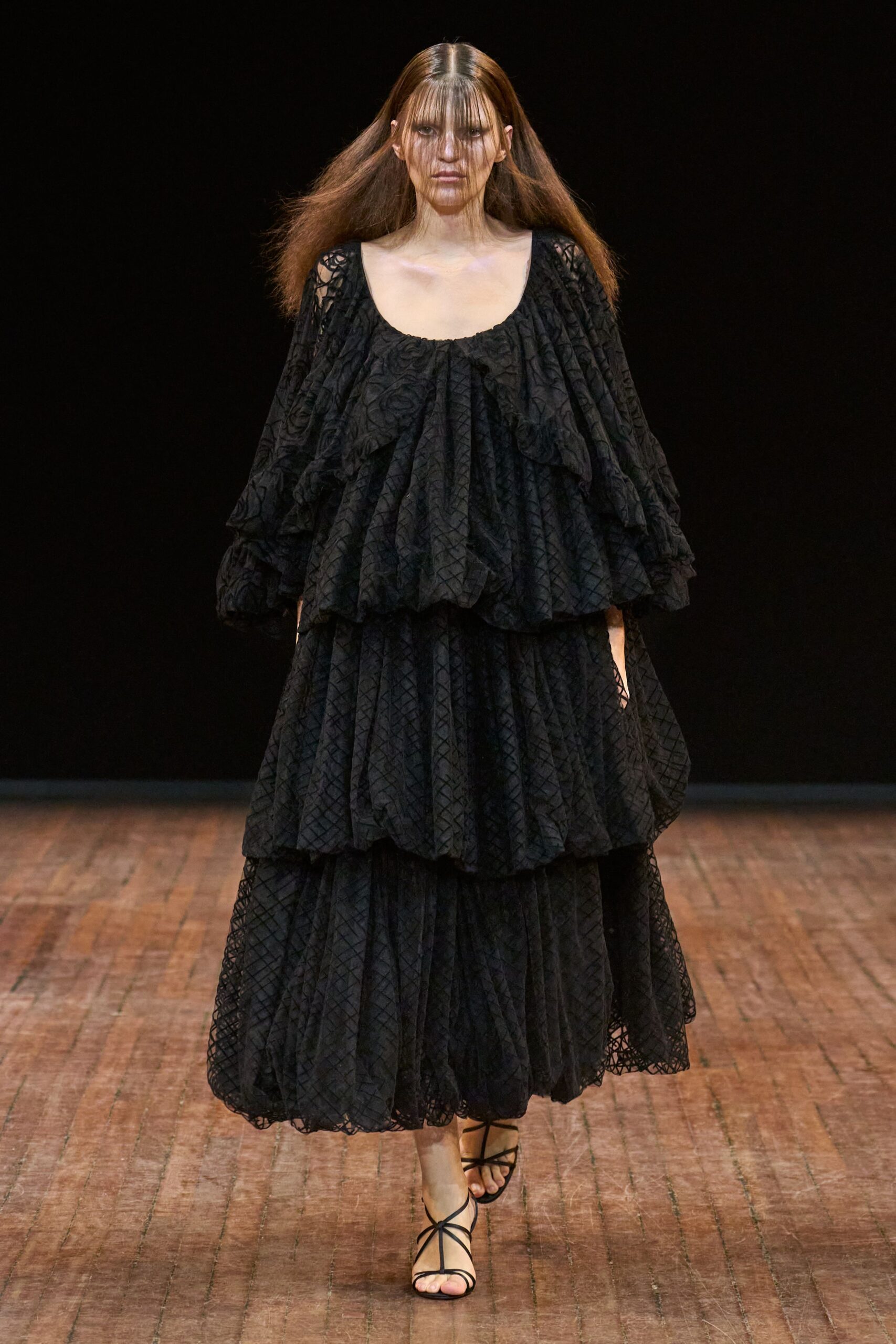black cotton long-sleeve scoop-neck relaxed tiered ruffled dress