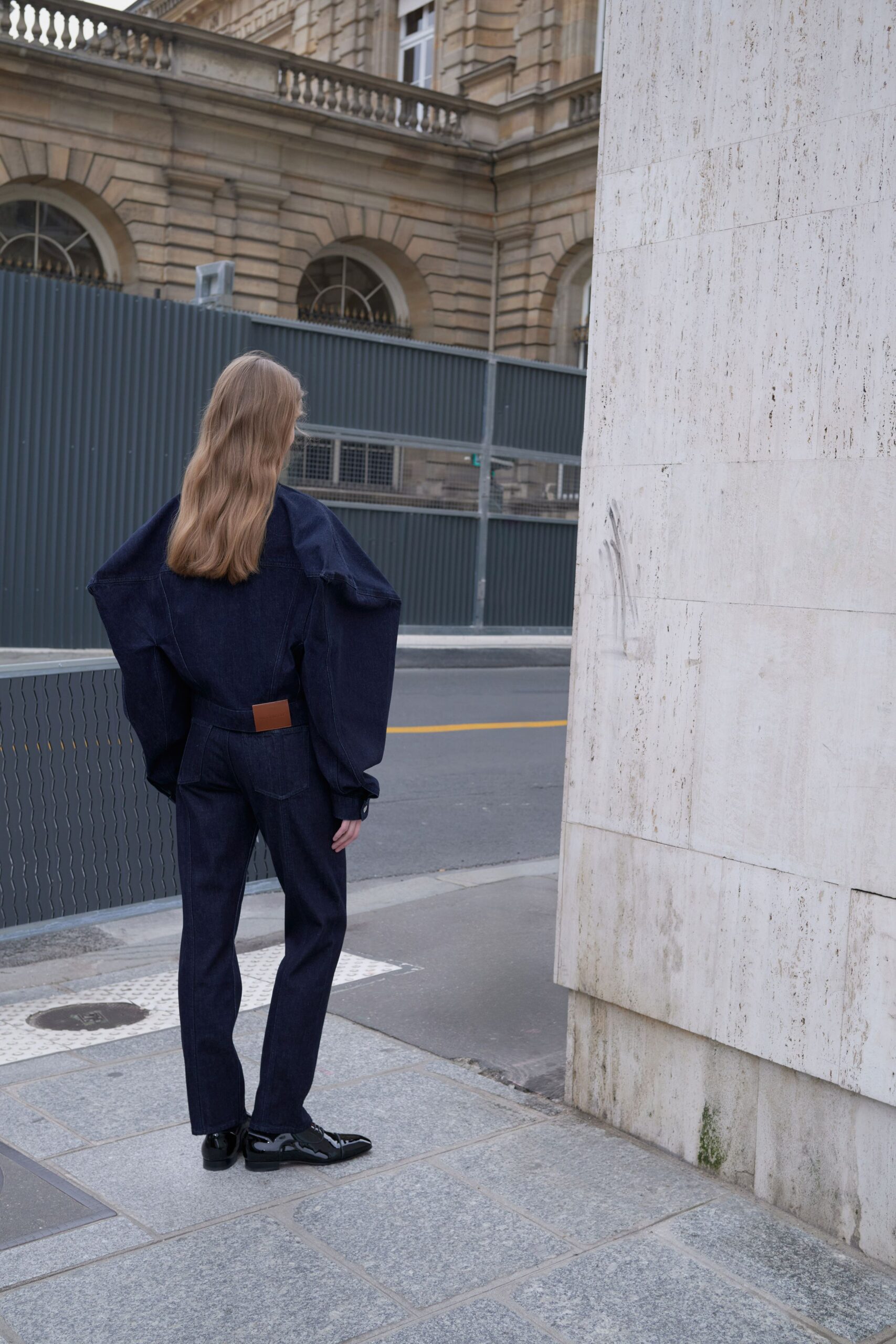blue denim long-sleeve asymmetric relaxed jacket
