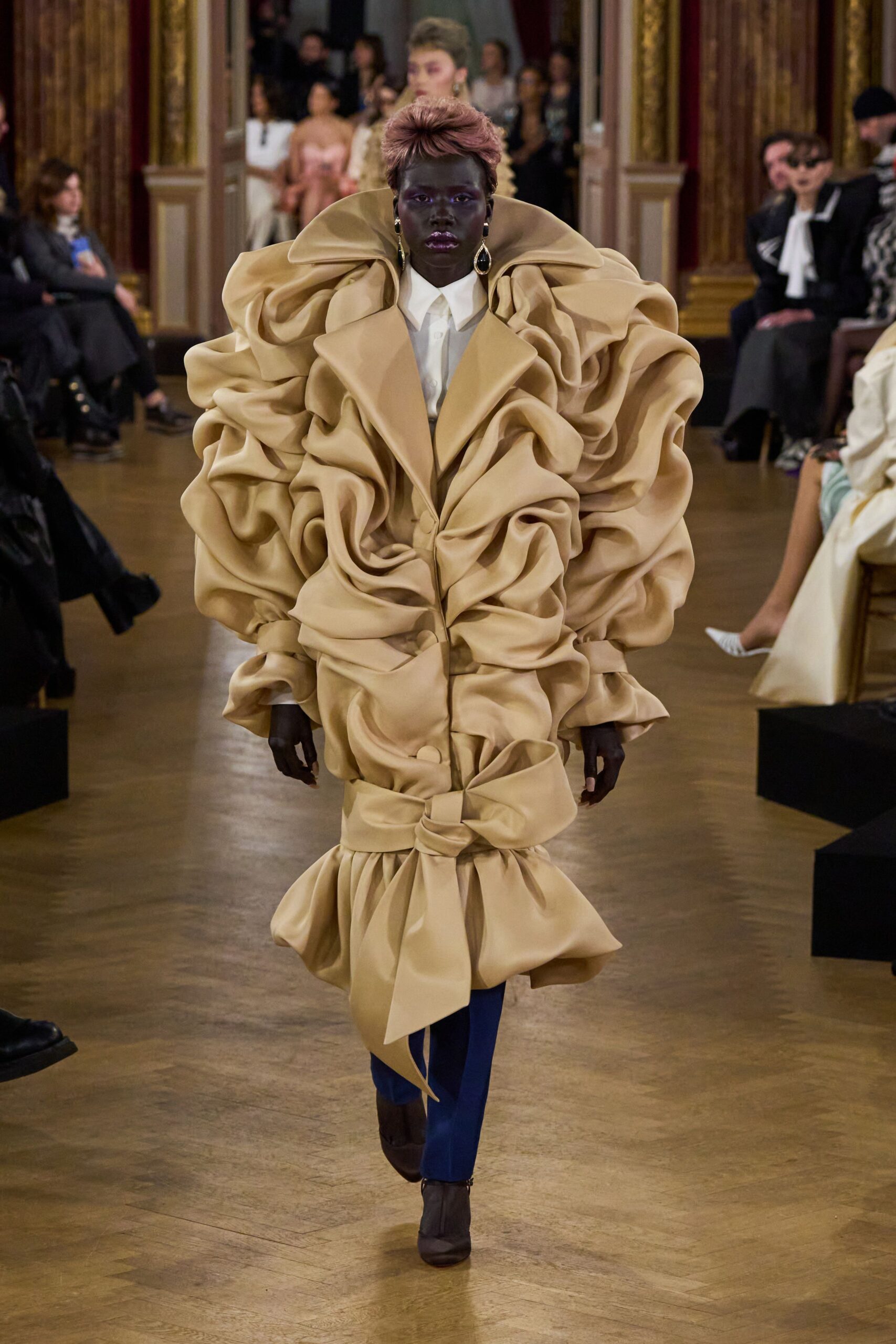 beige cotton long-sleeve collared oversized ruffled draped coat