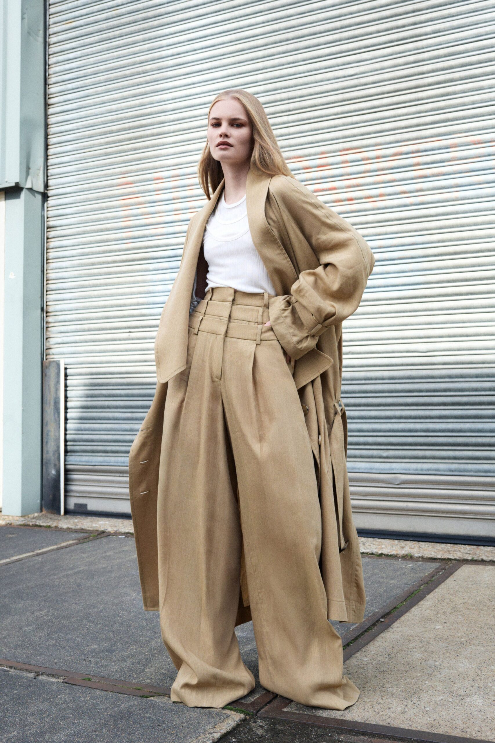beige cotton long-sleeve relaxed layered coat