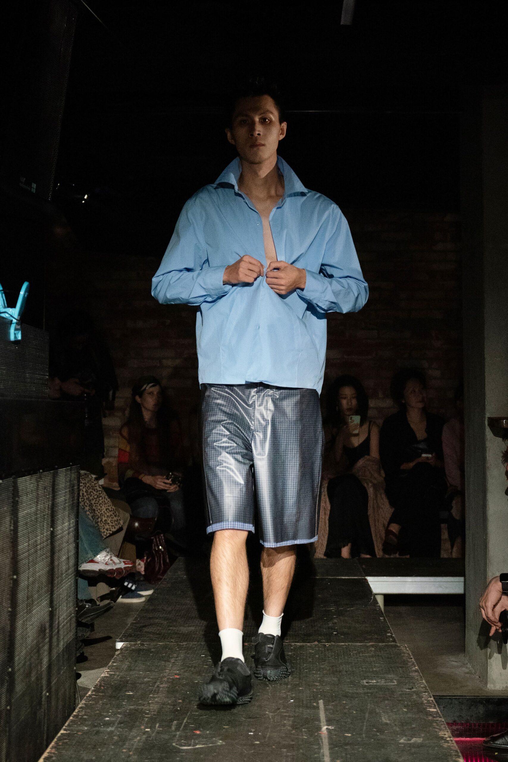 blue relaxed shirt with gray shorts
