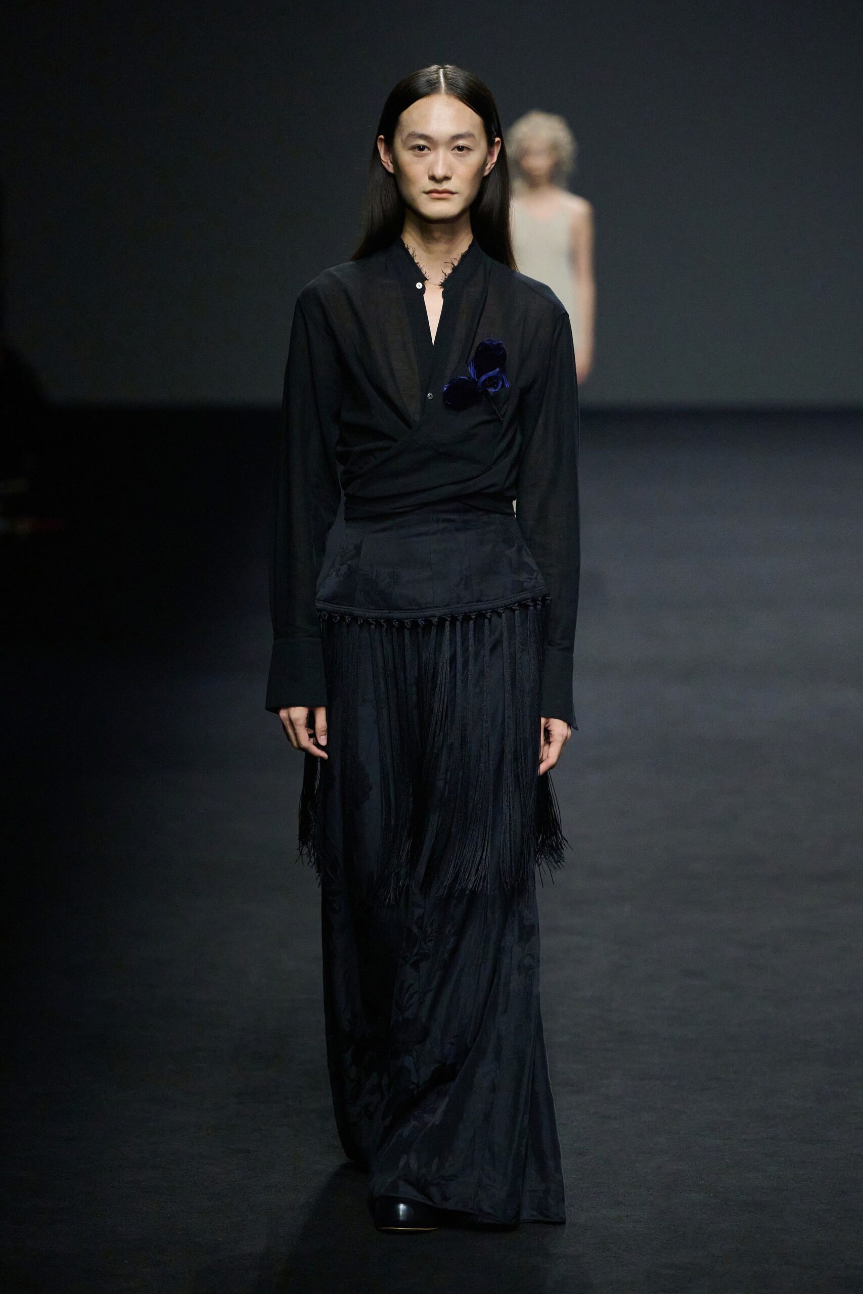 black silk blouse and skirt