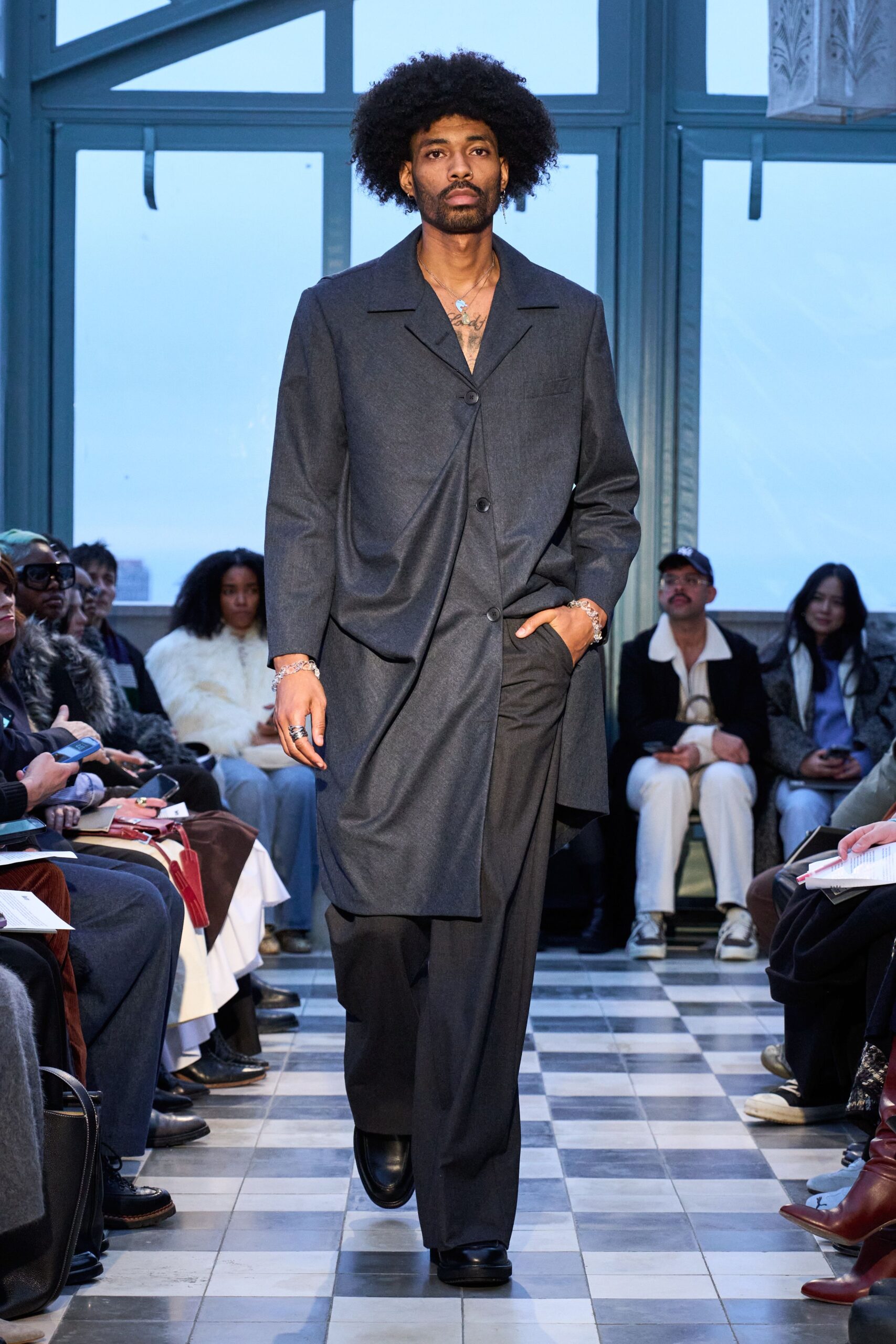 gray wool long-sleeve collared relaxed buttoned midi coat