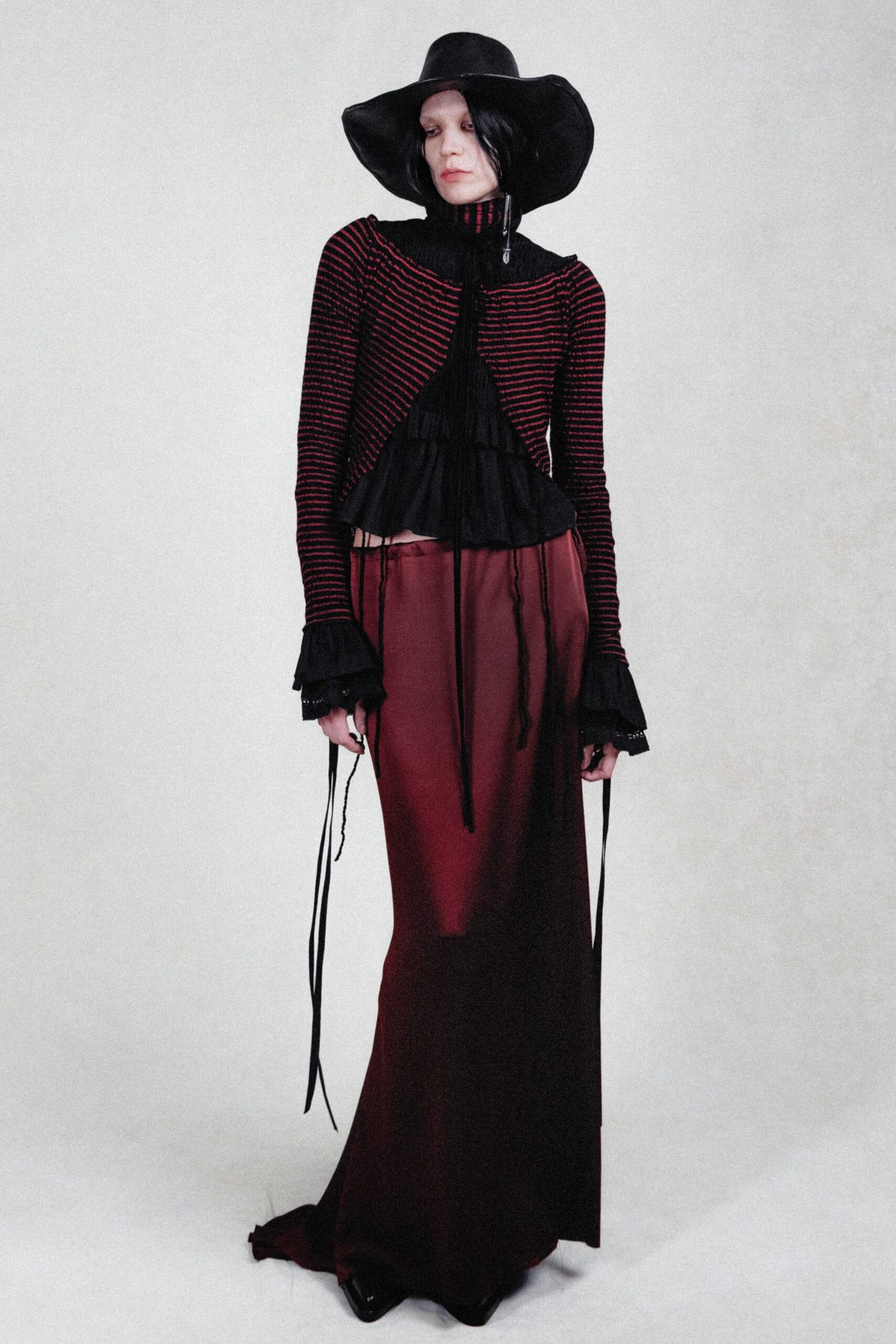 red silk long-sleeve collared fitted ruffled top