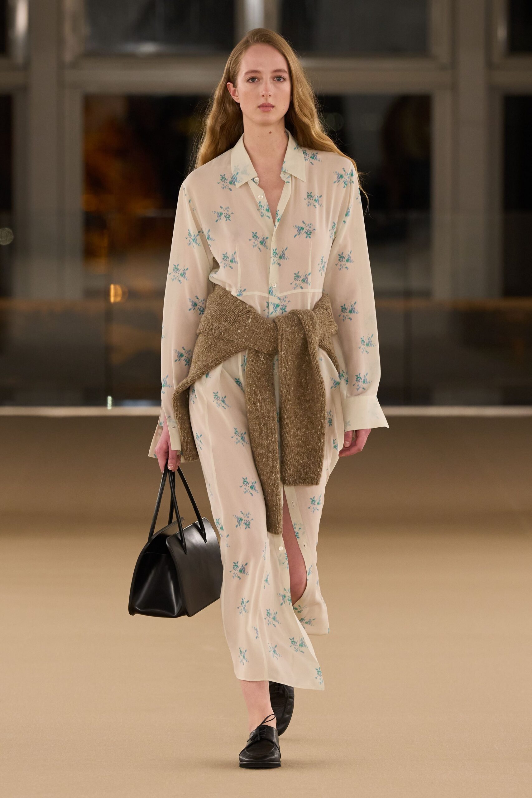 beige cotton long-sleeve collared relaxed embroidered midi shirt-dress