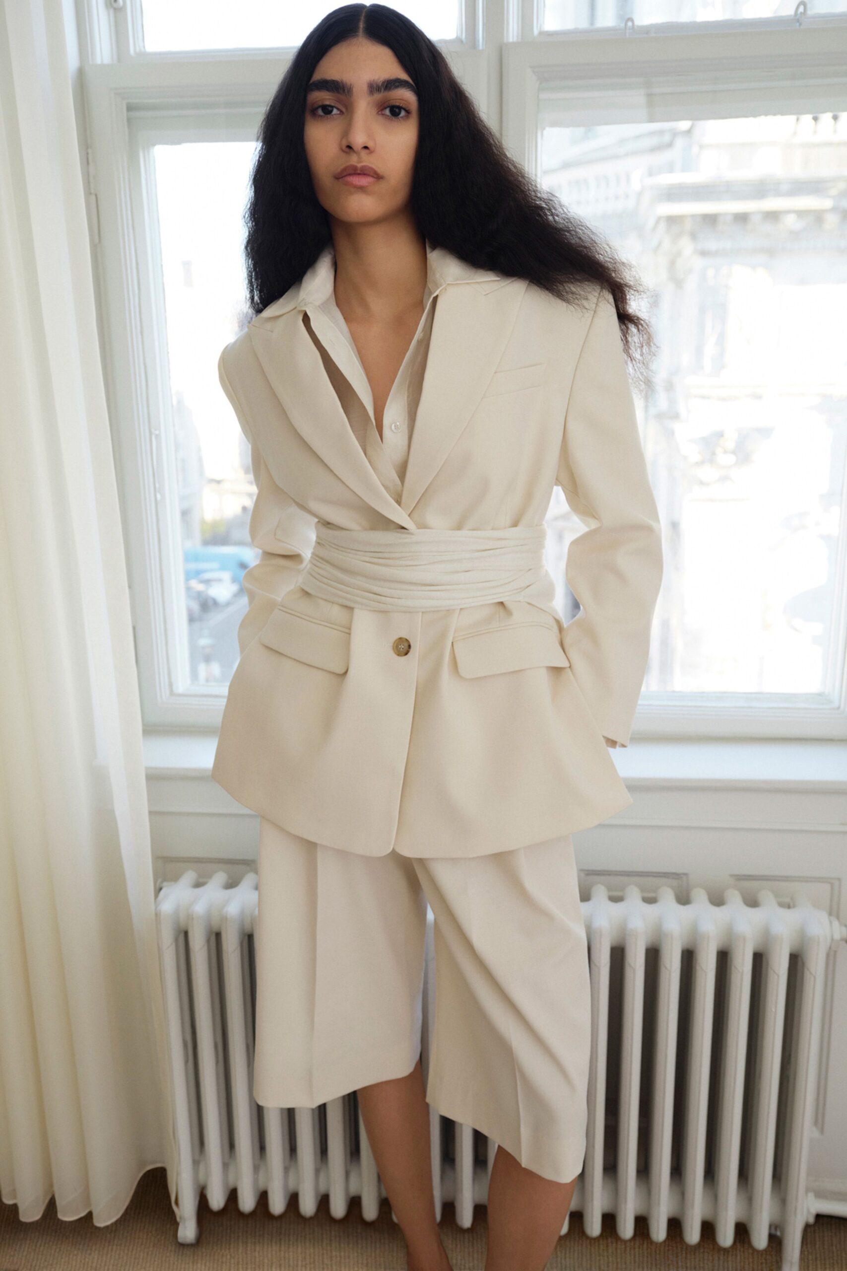 beige tailored blazer with shorts