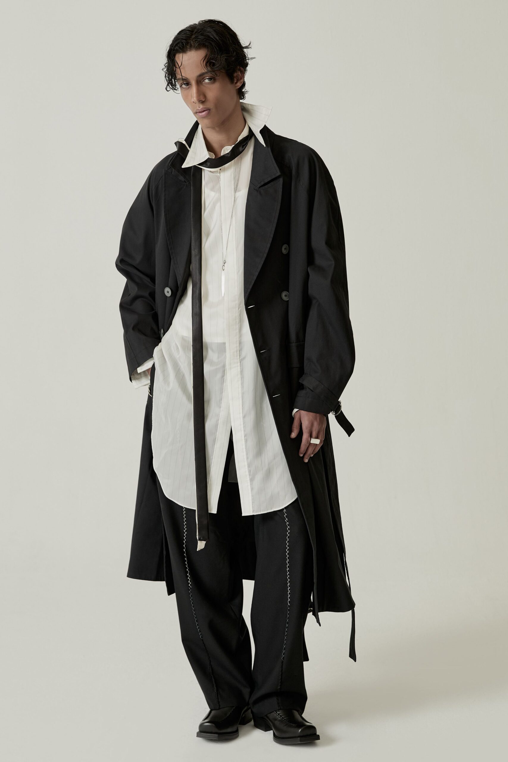 black coat white shirt relaxed fit