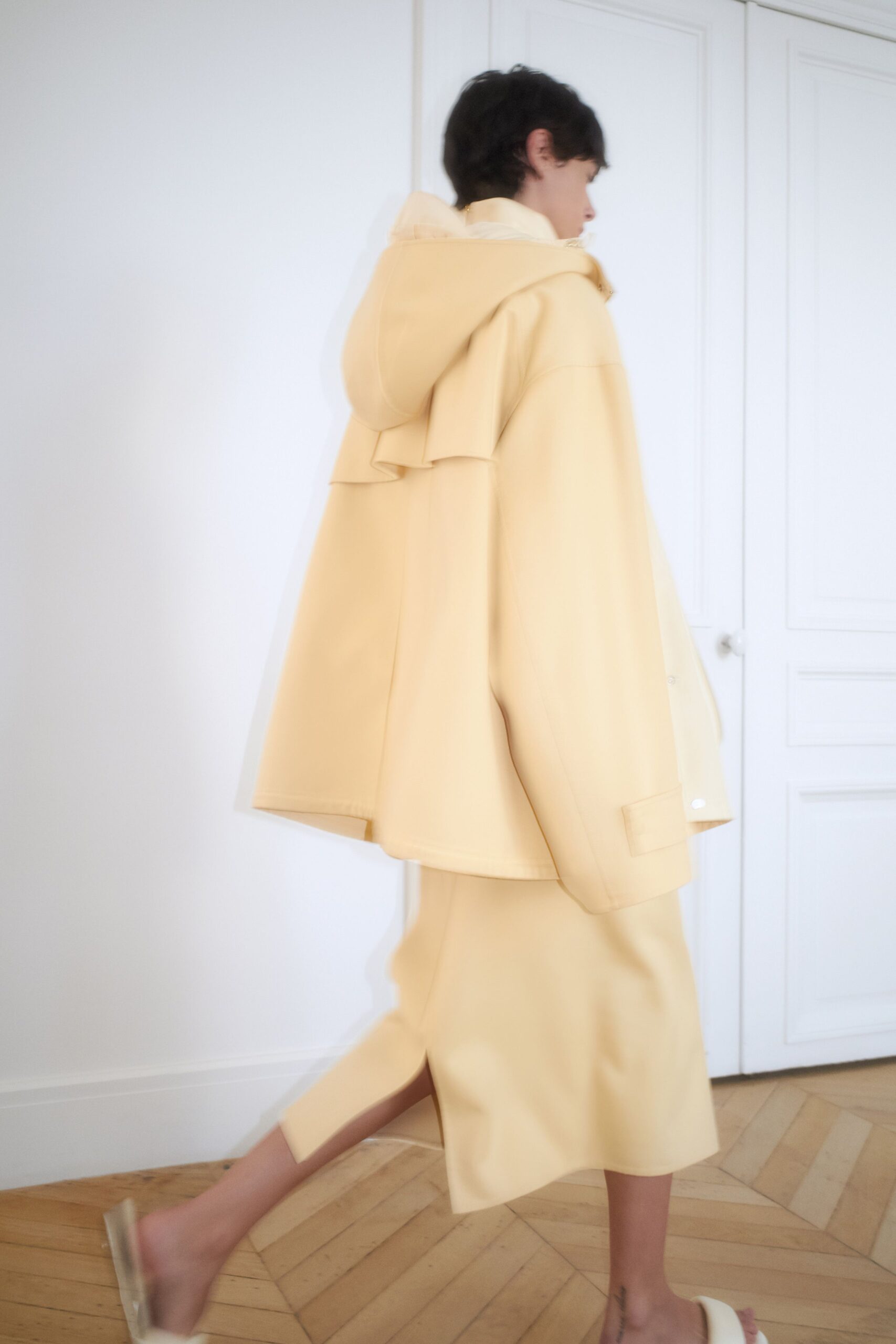yellow vinyl oversized jacket and midi skirt