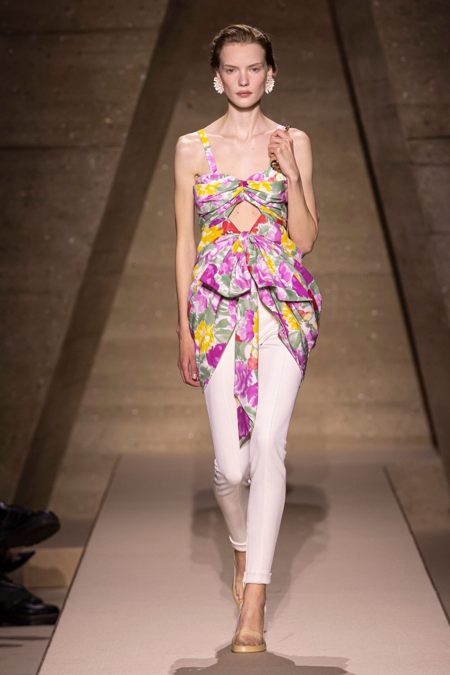 floral silk top with white pants