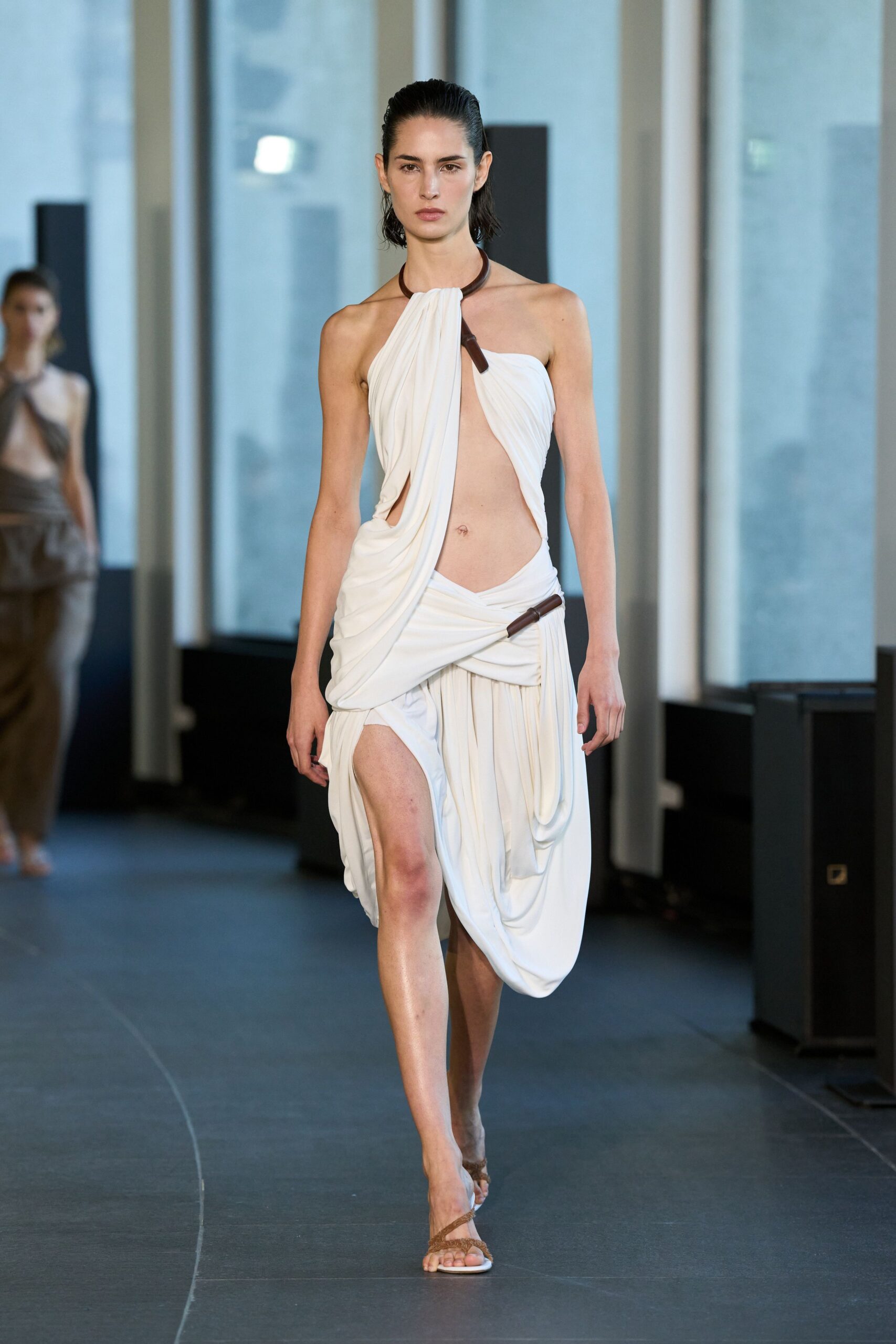 white draped halterneck dress
