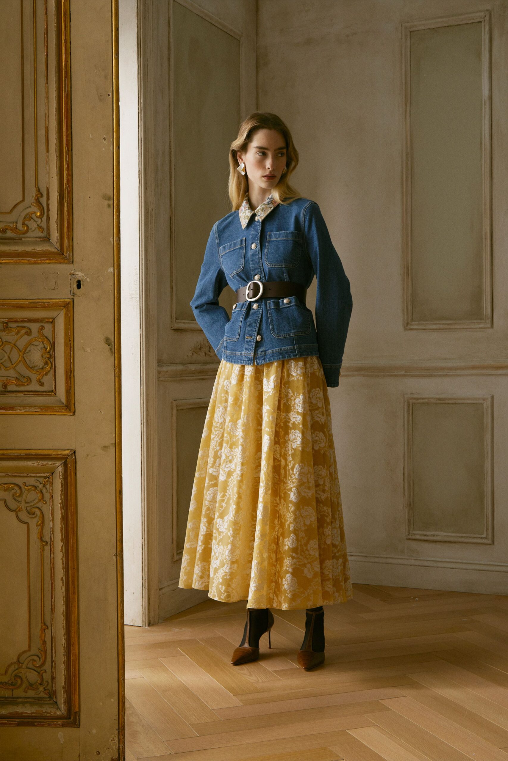 yellow cotton relaxed floral flared maxi skirt