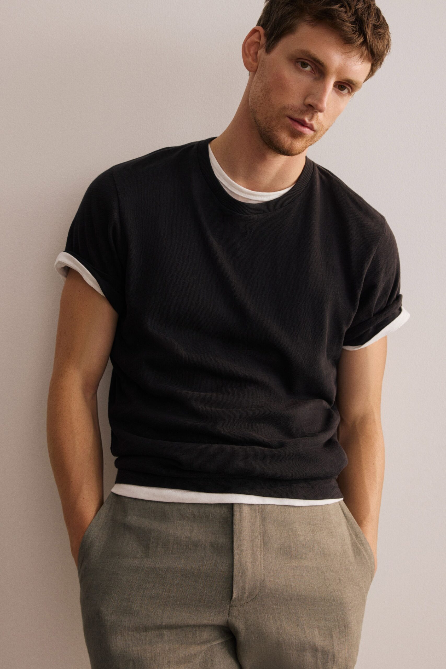 black t-shirt and gray pants
