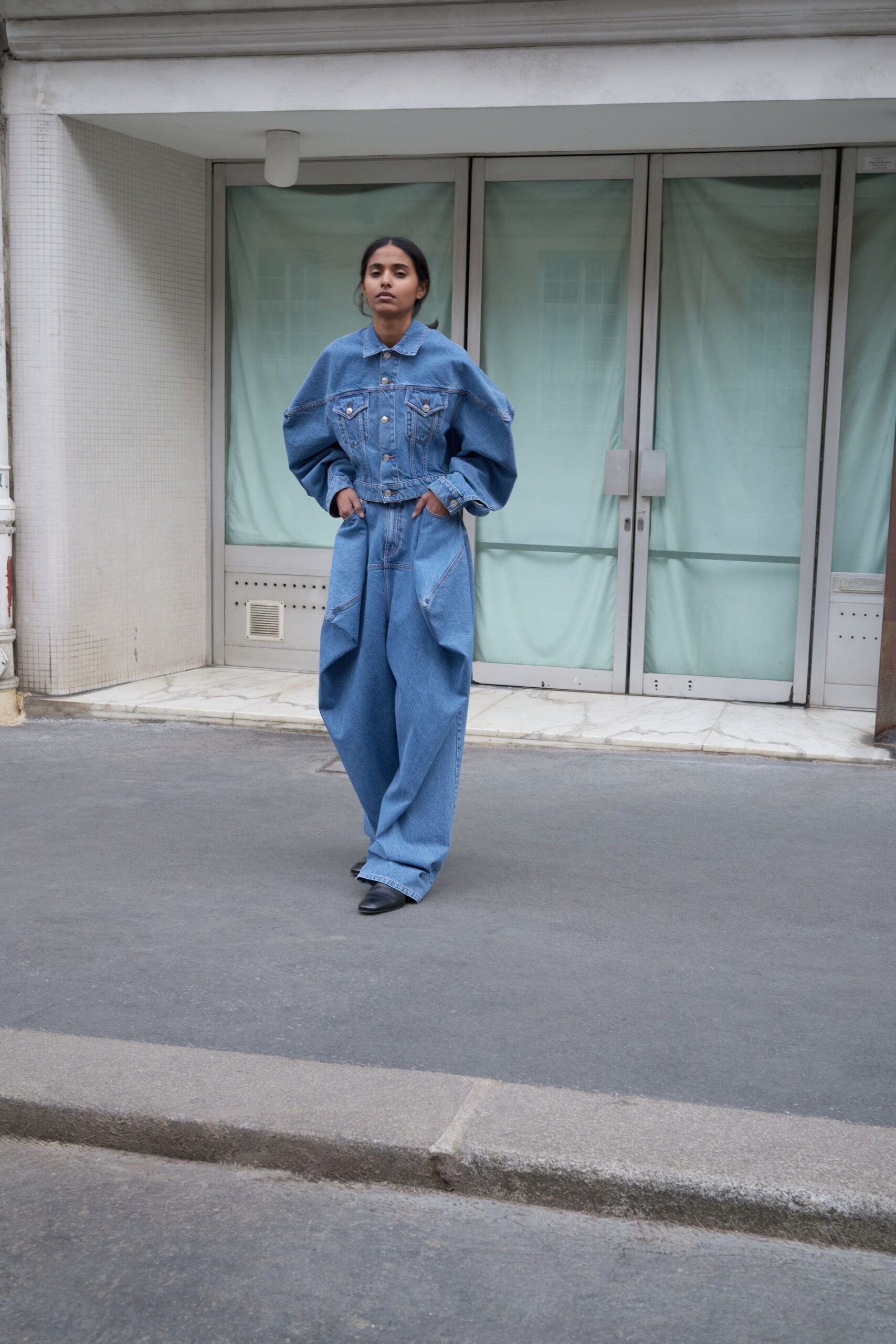 blue denim long-sleeve collared oversized pockets jumpsuit