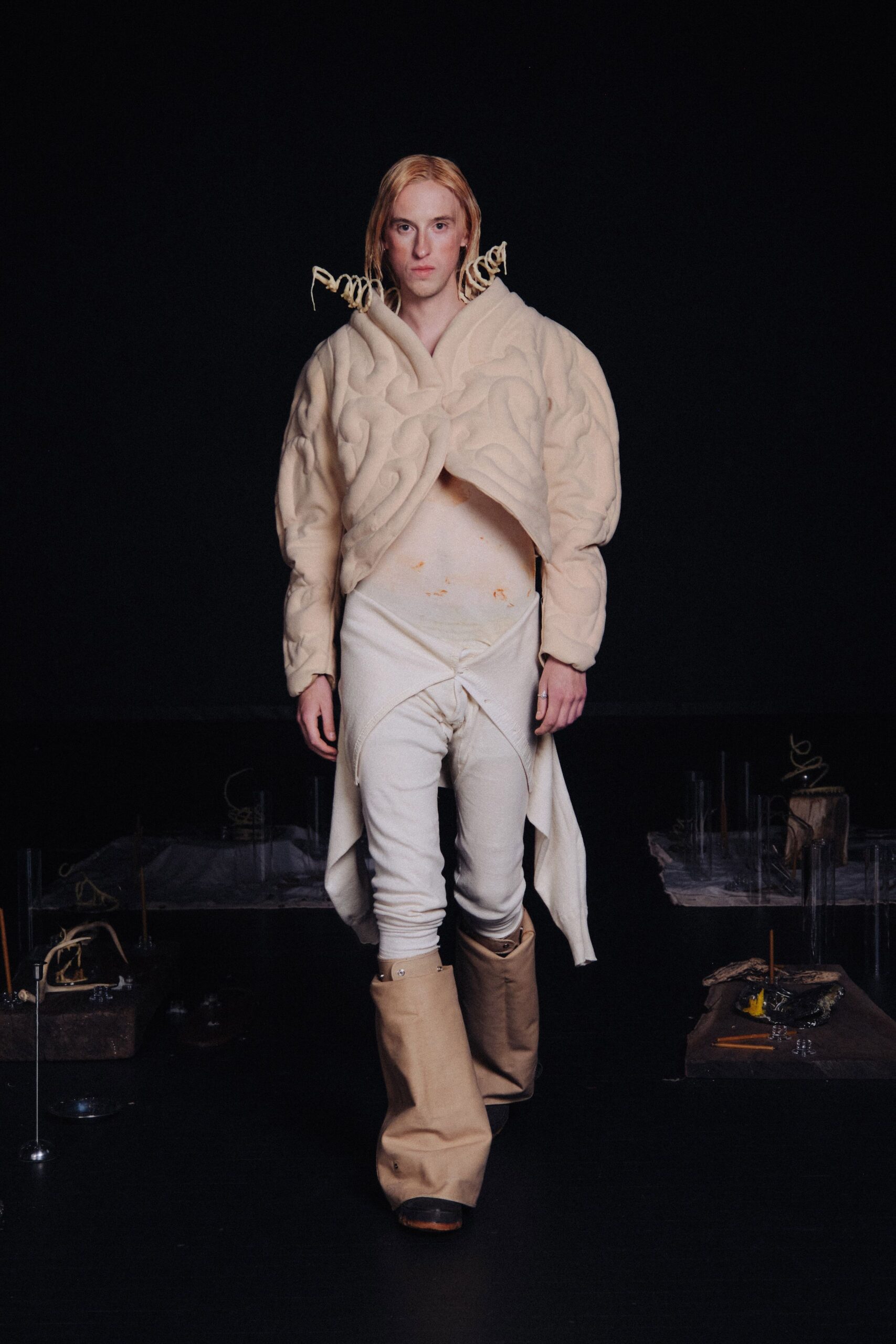 beige cotton long-sleeve collared oversized draped jacket