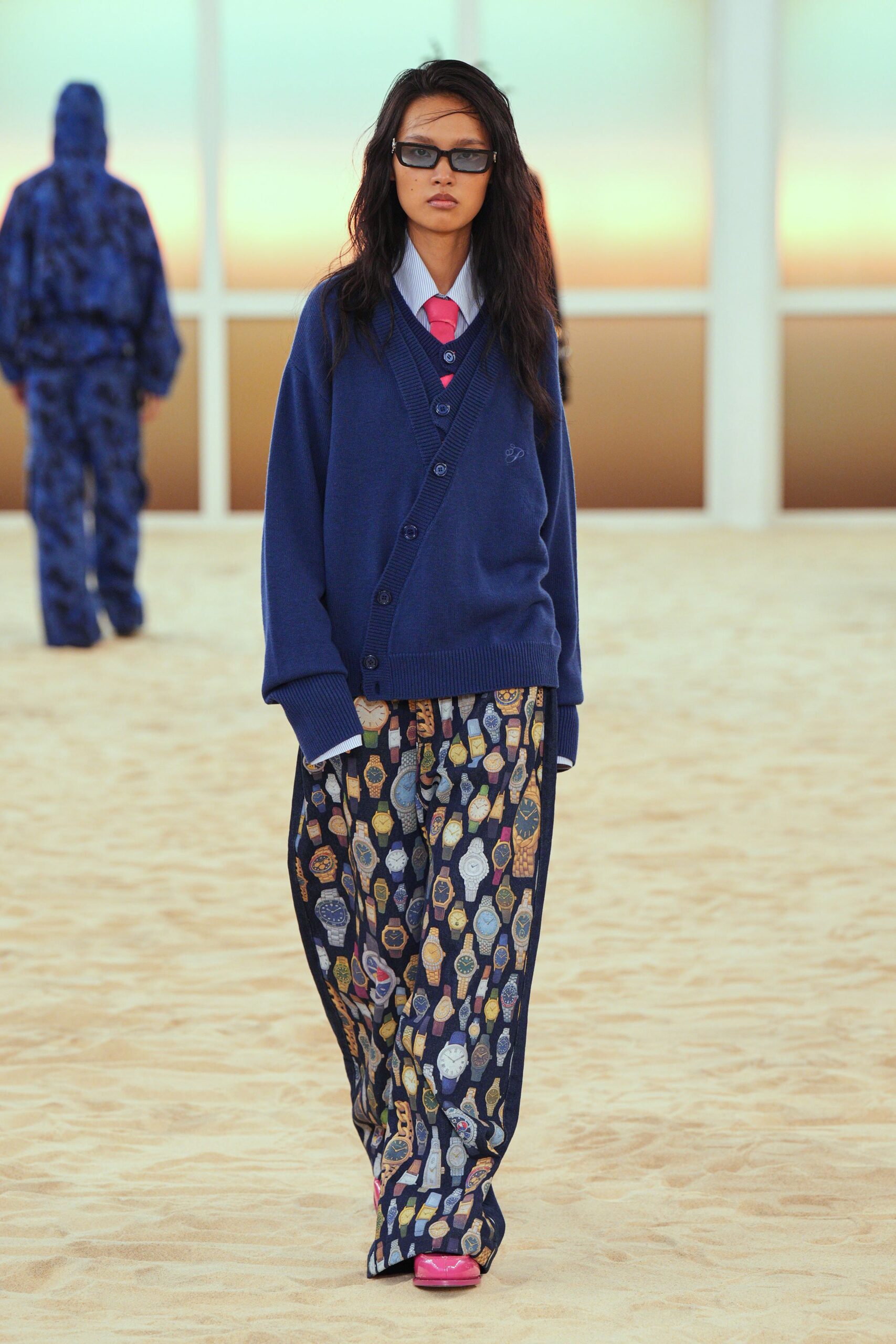 blue relaxed sweater with printed pants