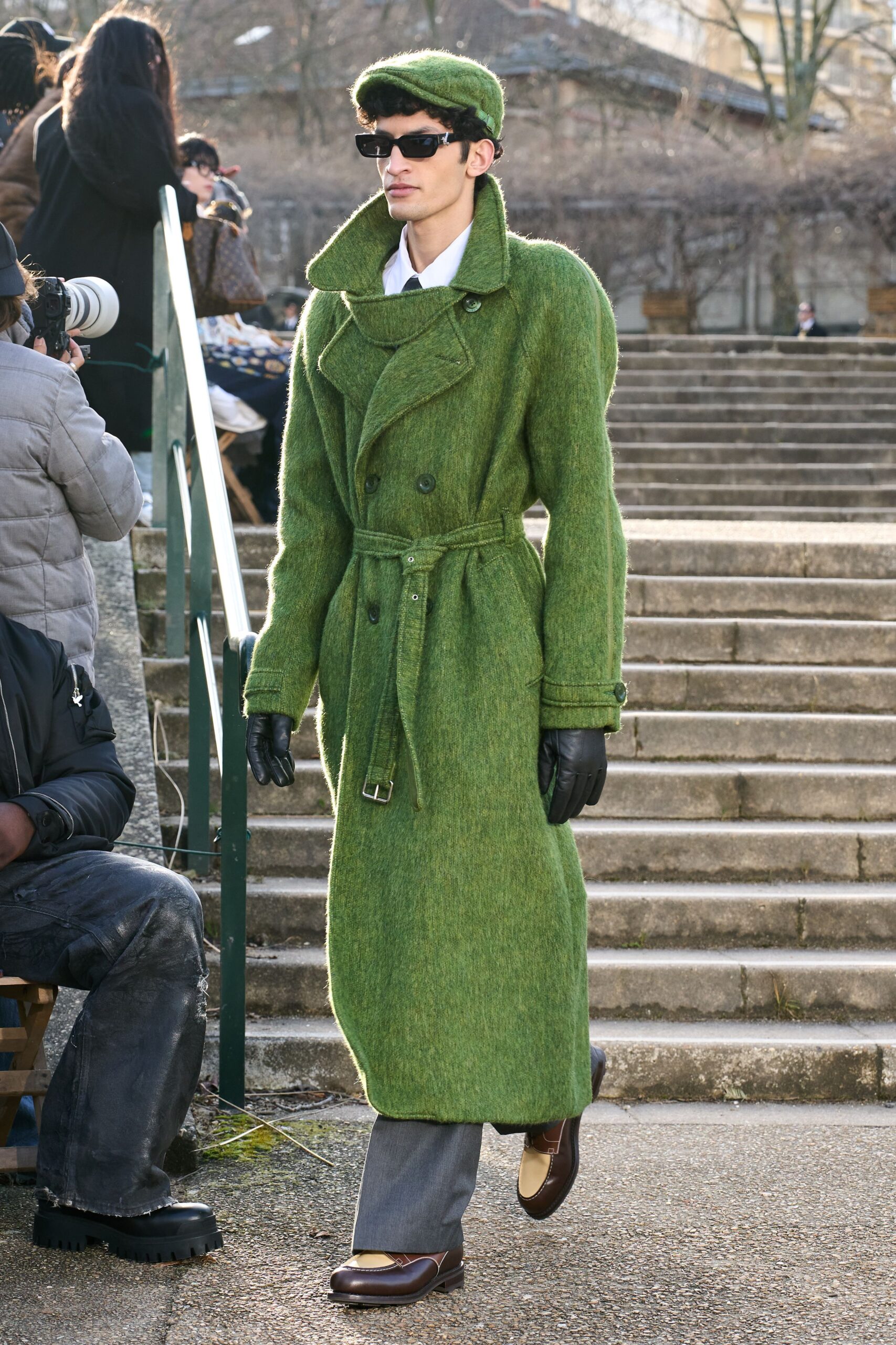 green wool long-sleeve collared fitted belted maxi coat