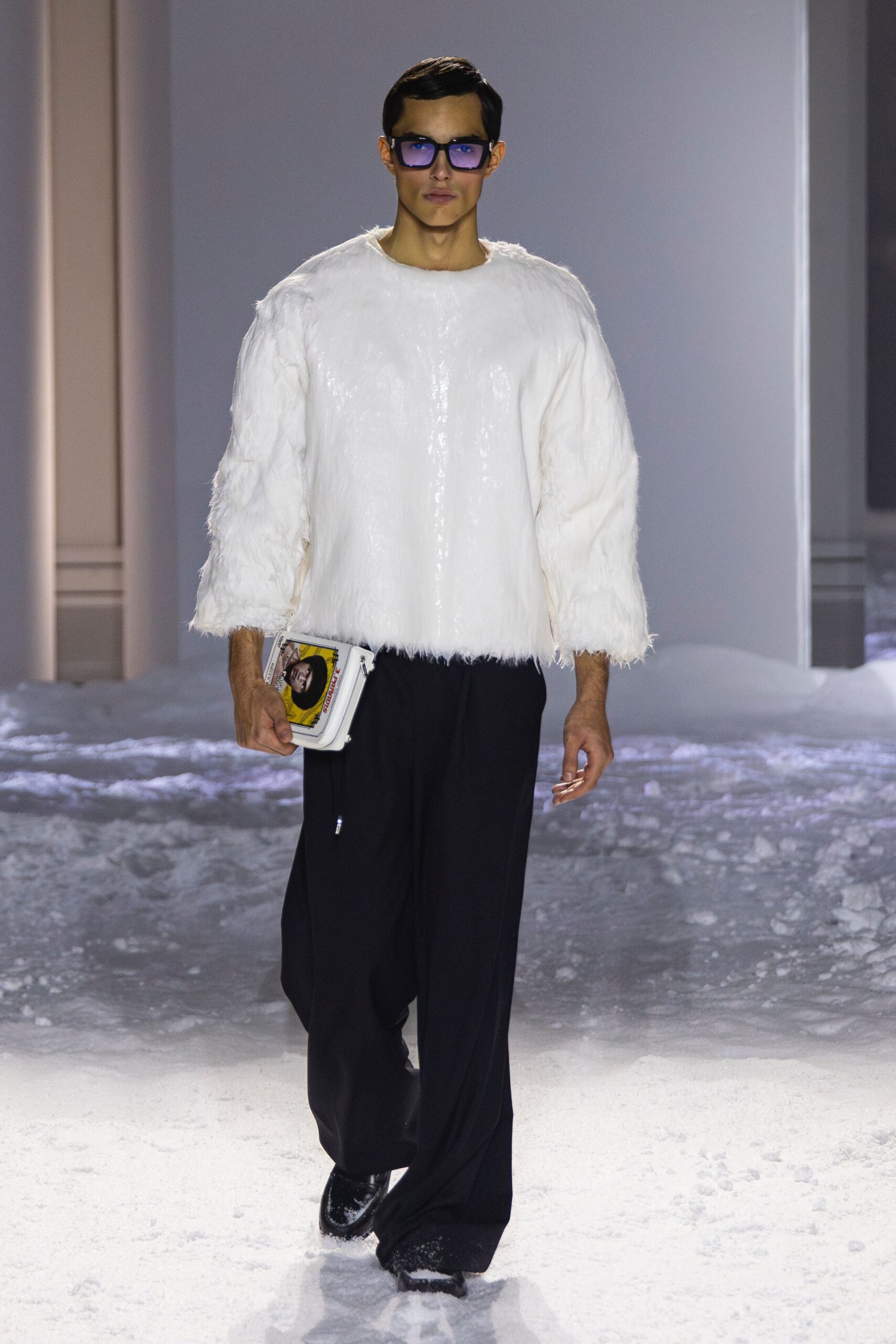 white fur long-sleeve relaxed textured shiny top