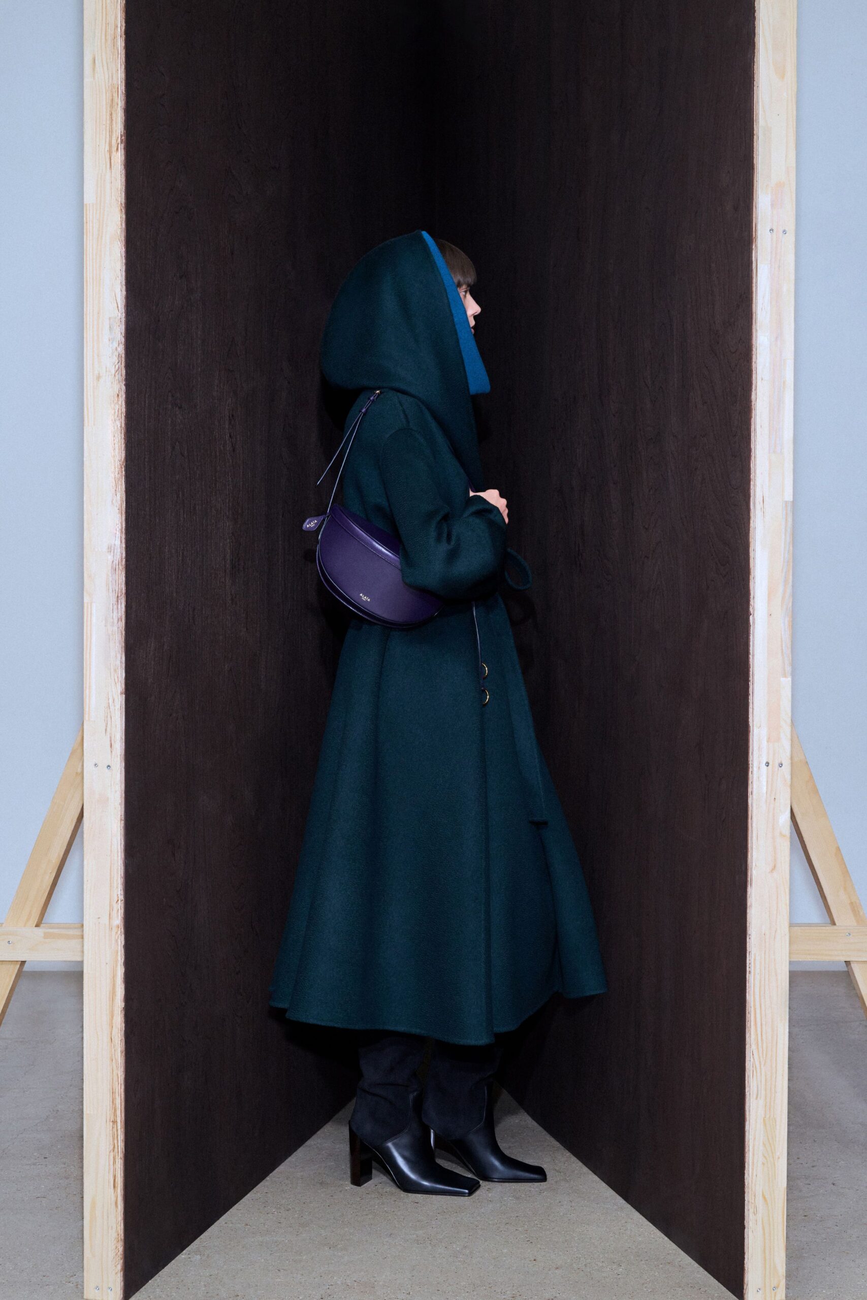 green wool long-sleeve hooded relaxed buttoned midi coat
