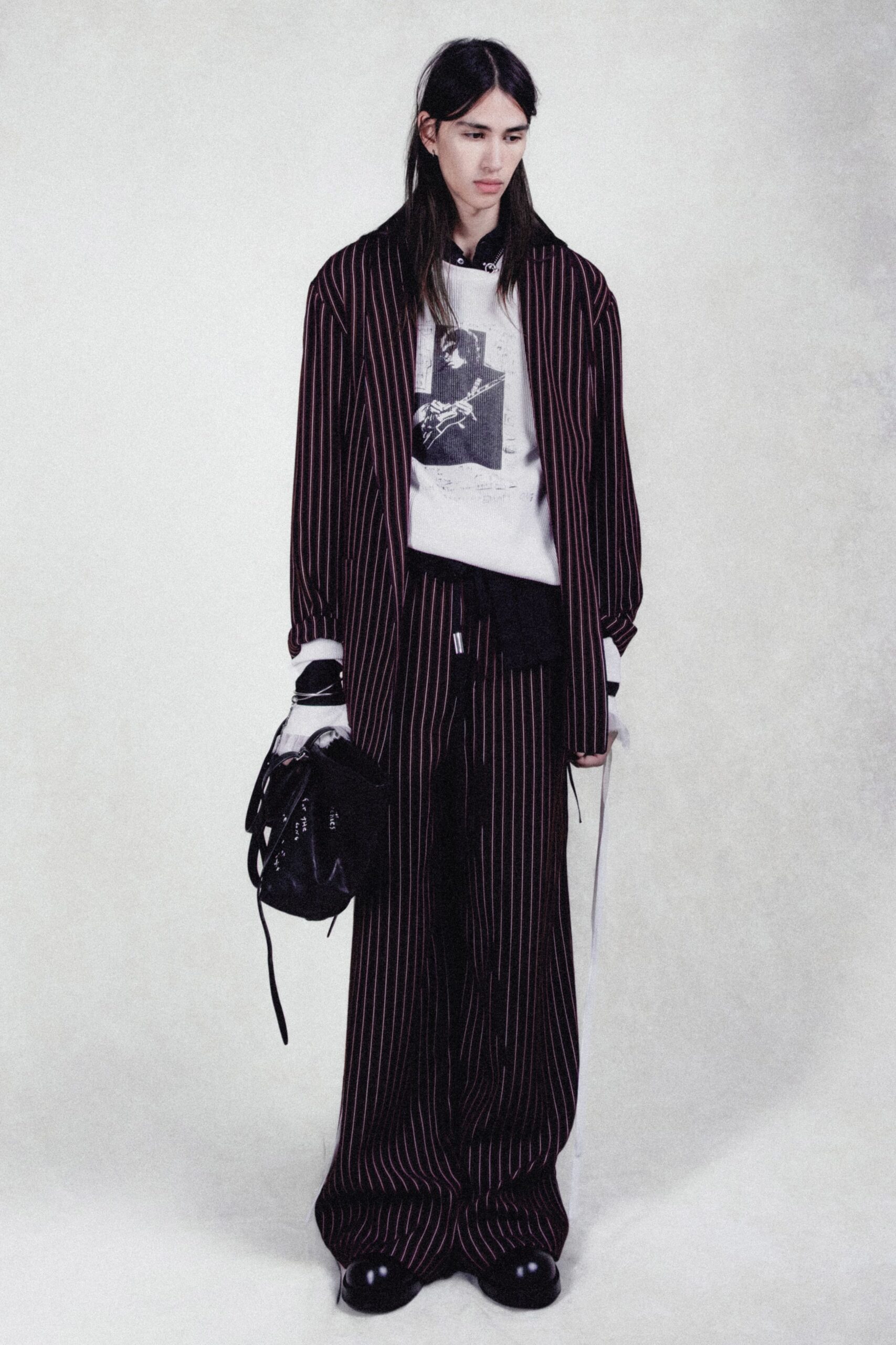 black cotton long-sleeve oversized striped coat