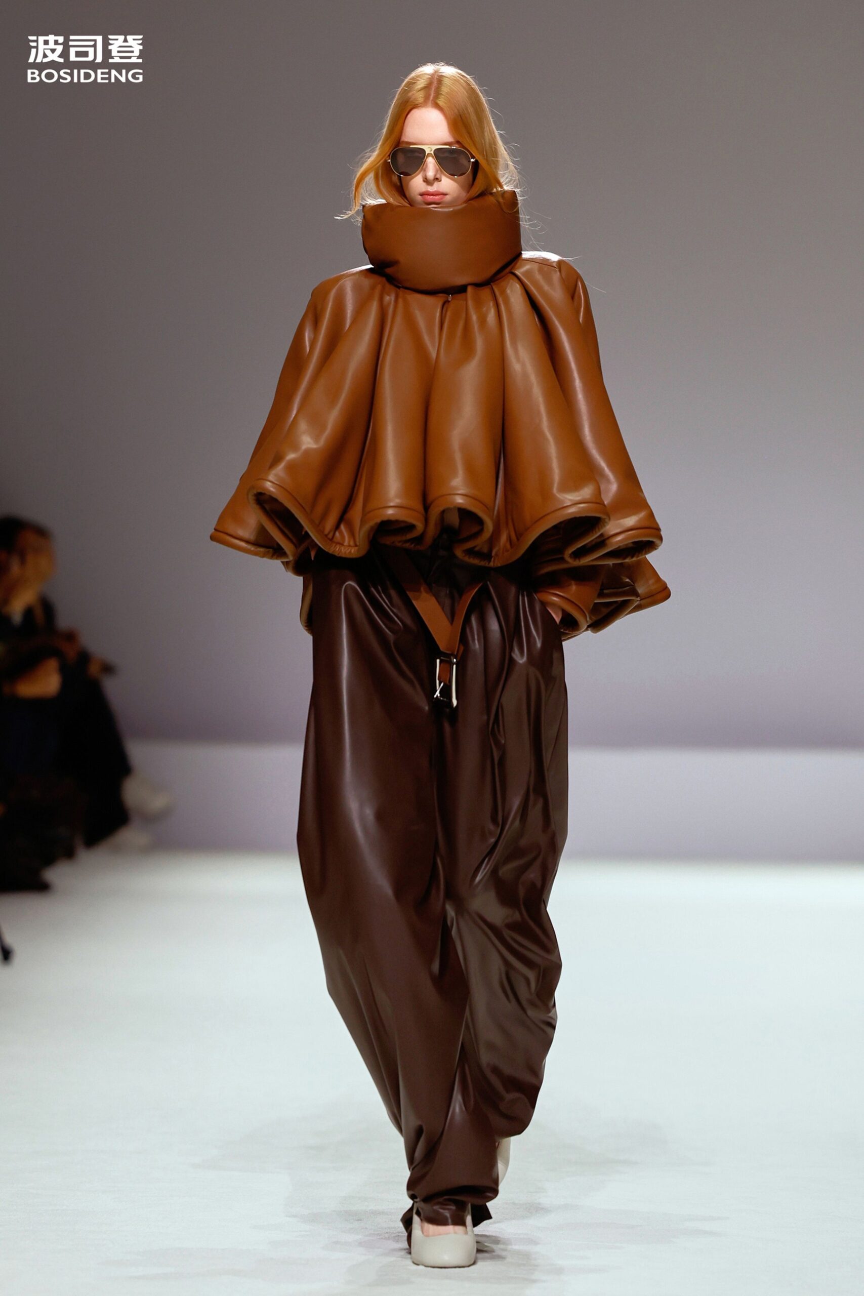 brown vinyl long-sleeve high-neck relaxed layered top