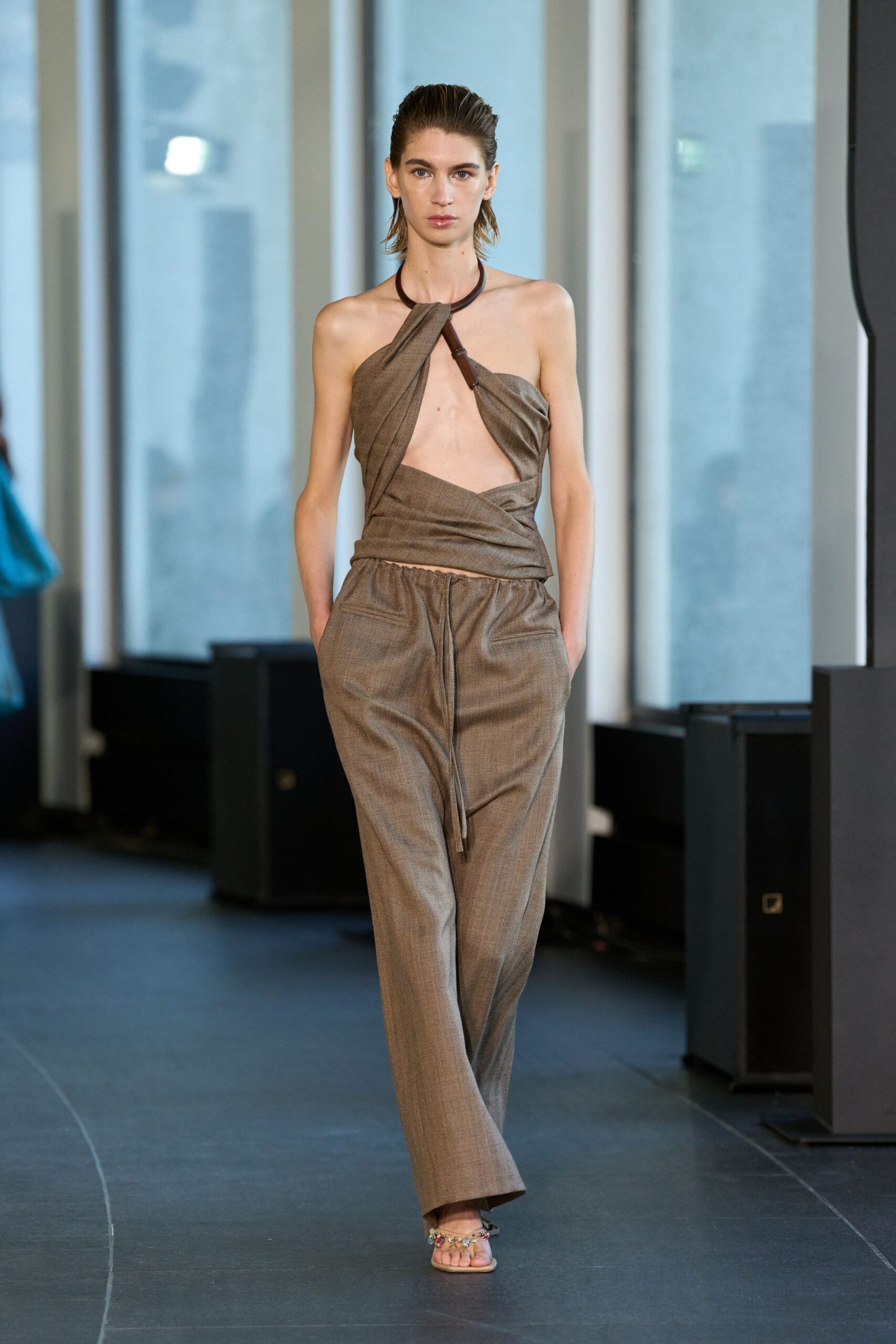 brown fitted halterneck jumpsuit