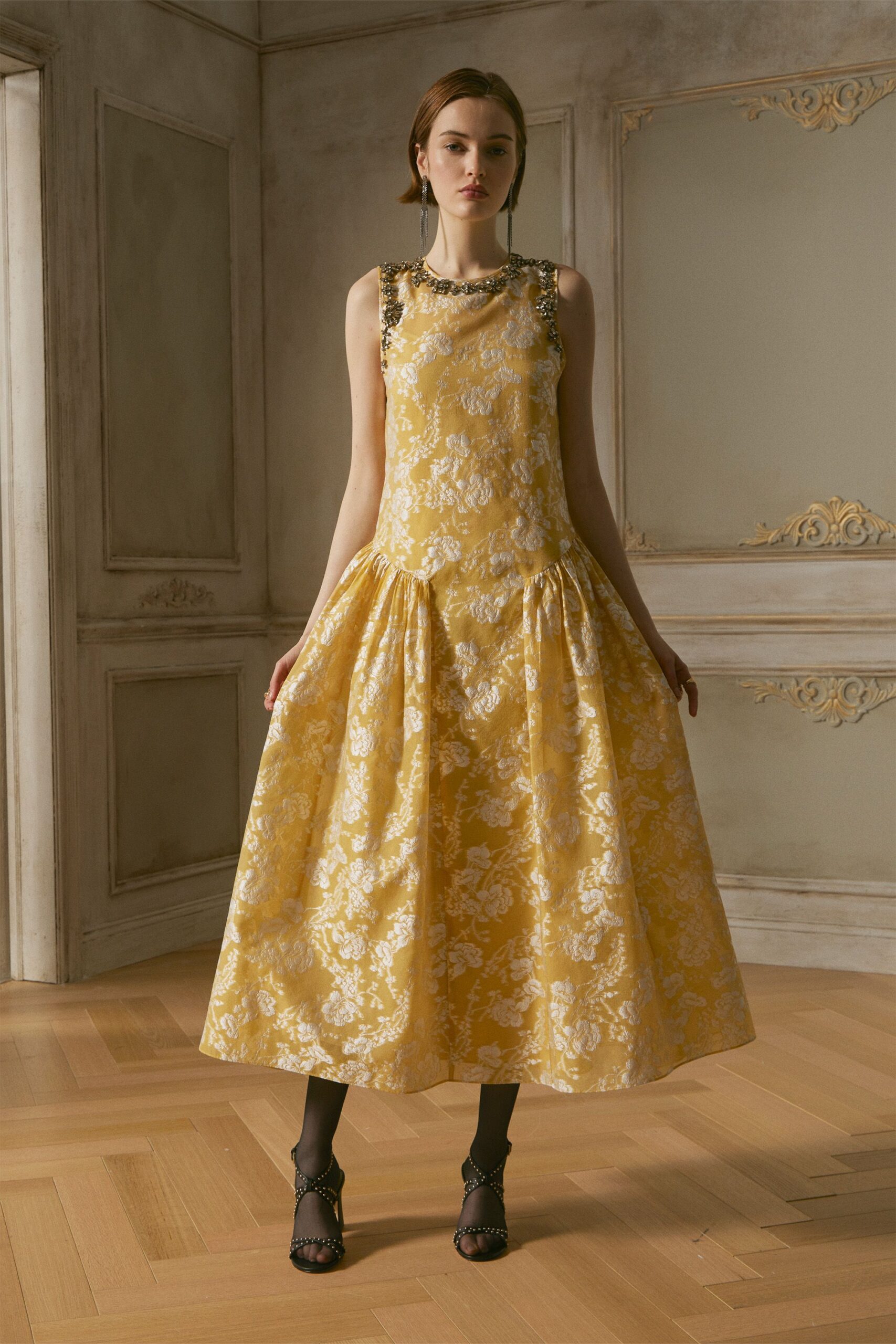 yellow silk sleeveless high-neck fitted flared embroidered dress