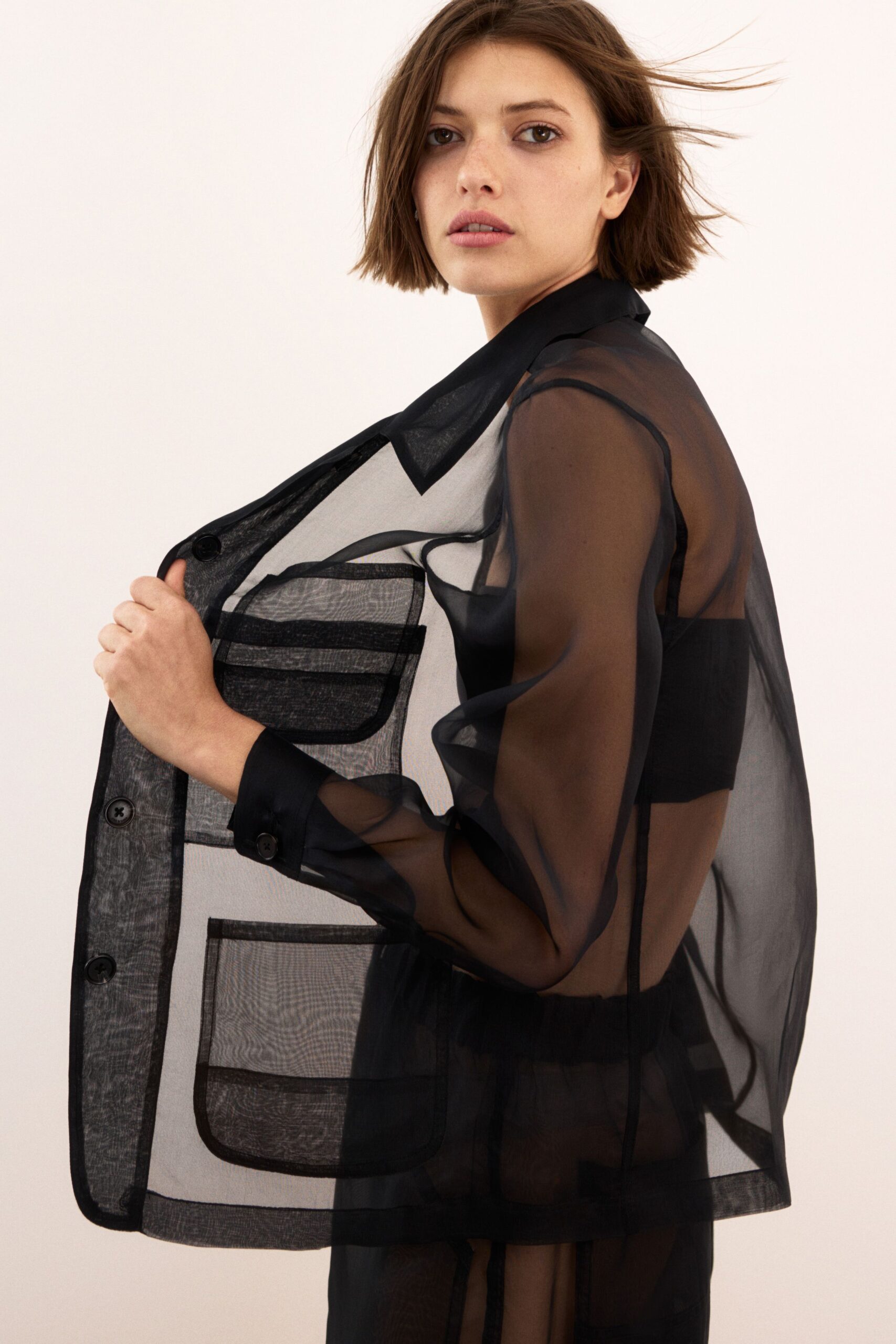 black mesh long-sleeve collared relaxed buttoned pockets jacket