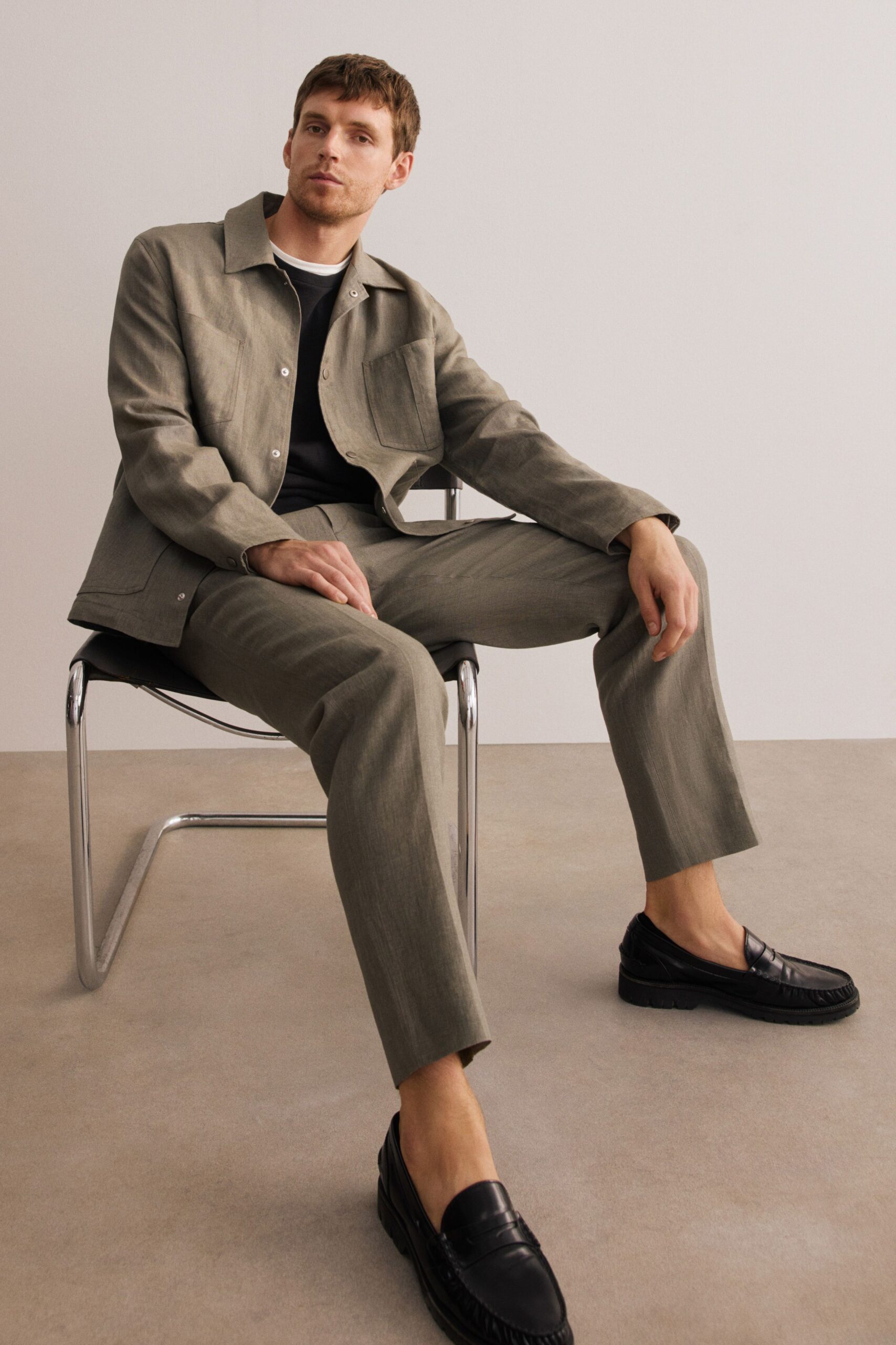 beige cotton slim straight-leg pants