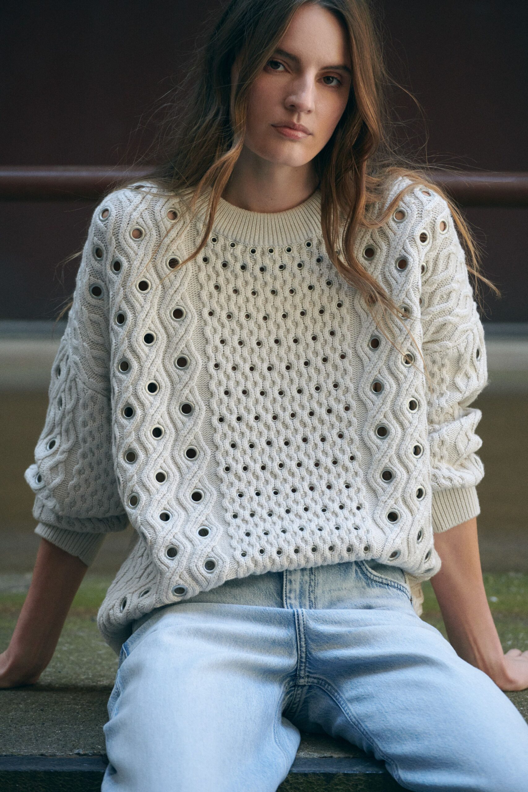 beige cotton long-sleeve collared relaxed textured sweater