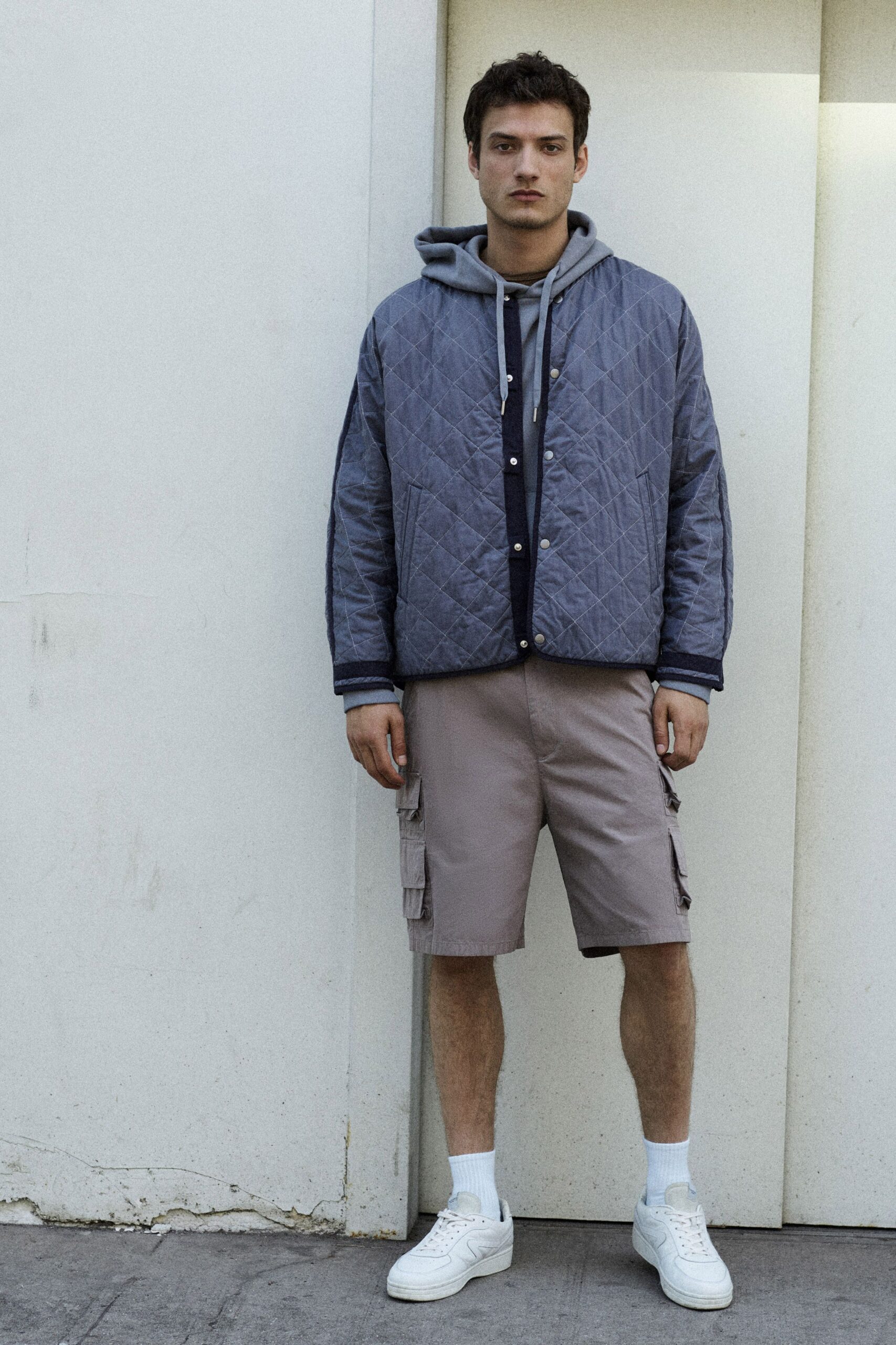 gray quilted jacket with hoodie