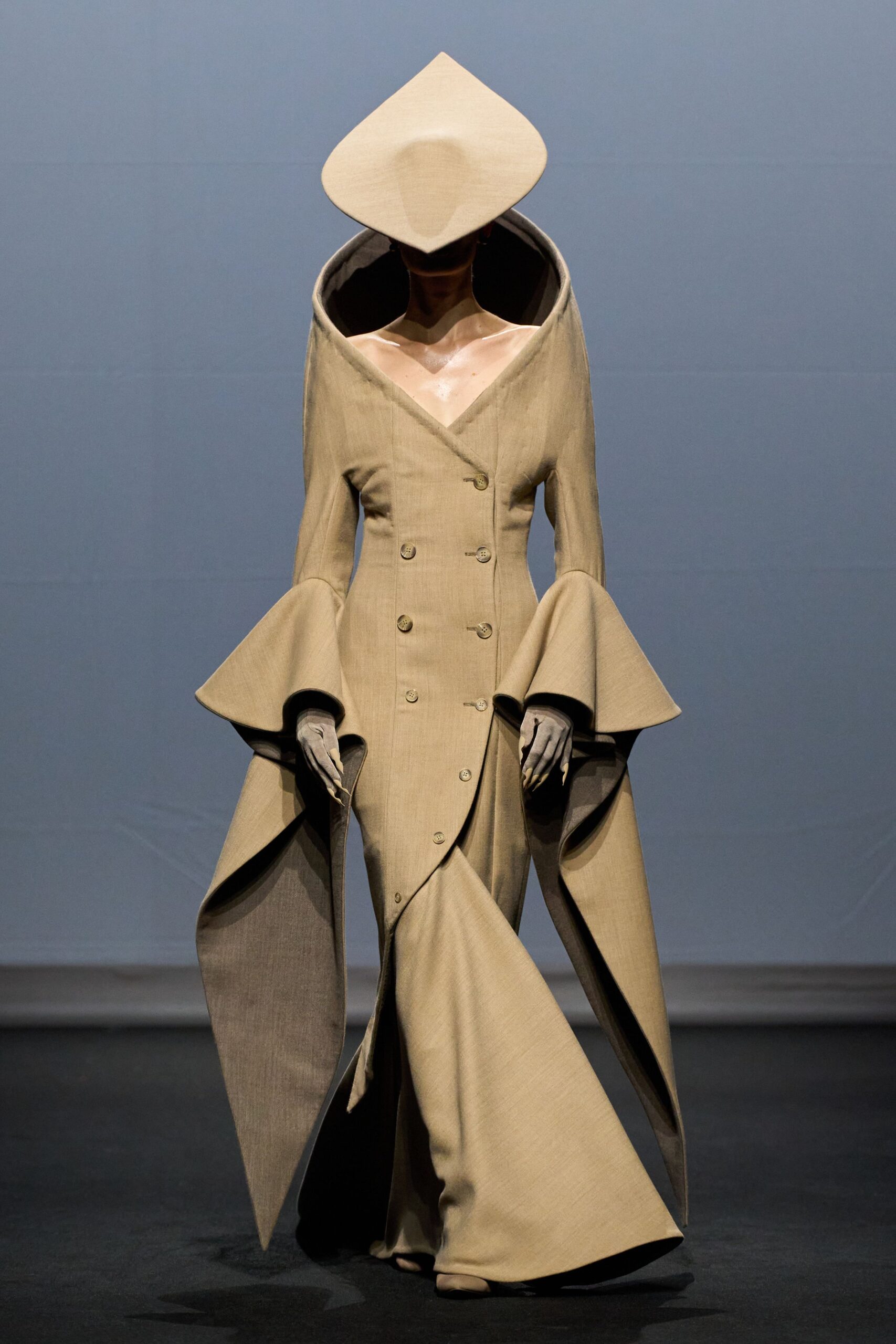 beige cotton long-sleeve v-neck fitted flared buttoned gown