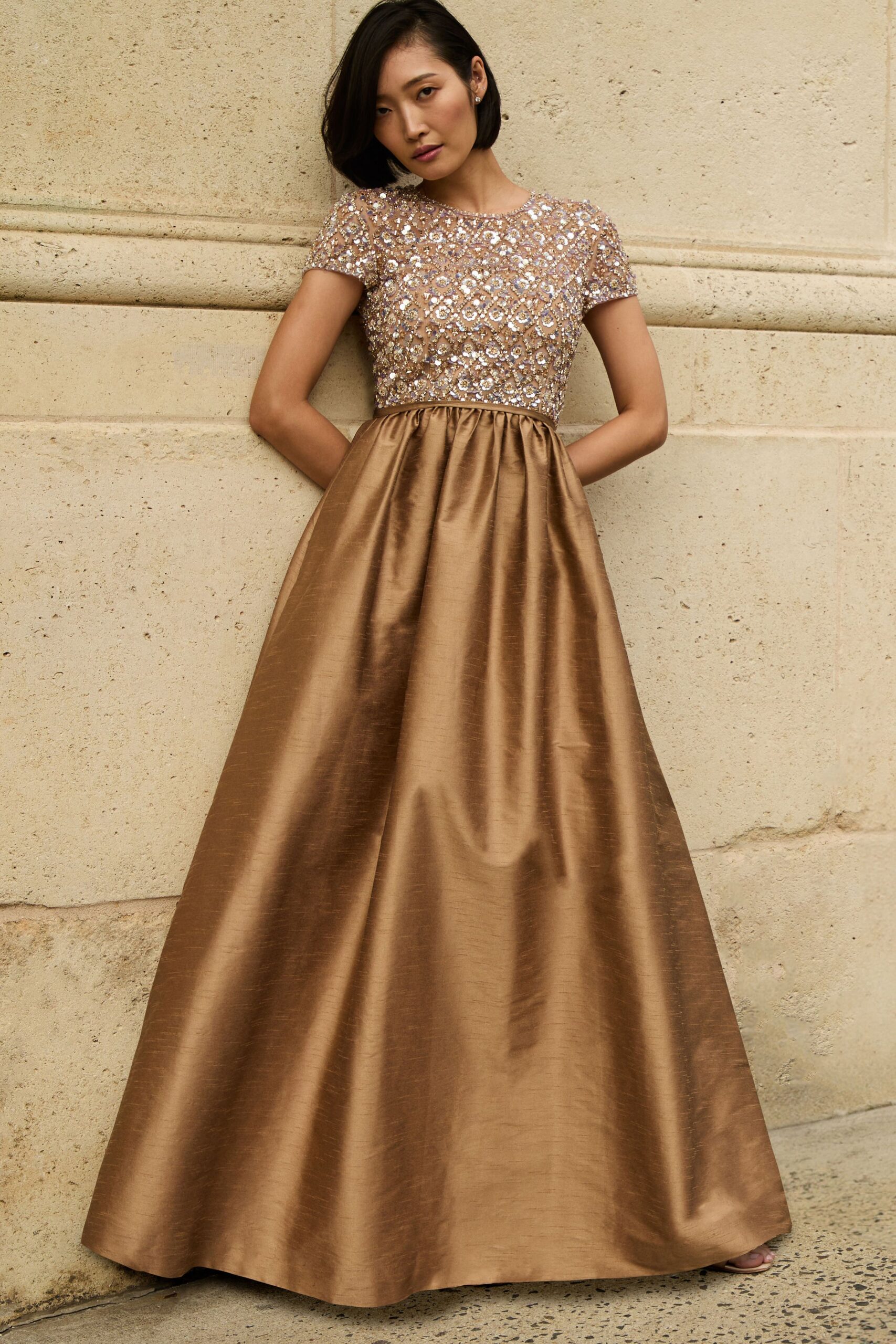 brown silk embellished gown