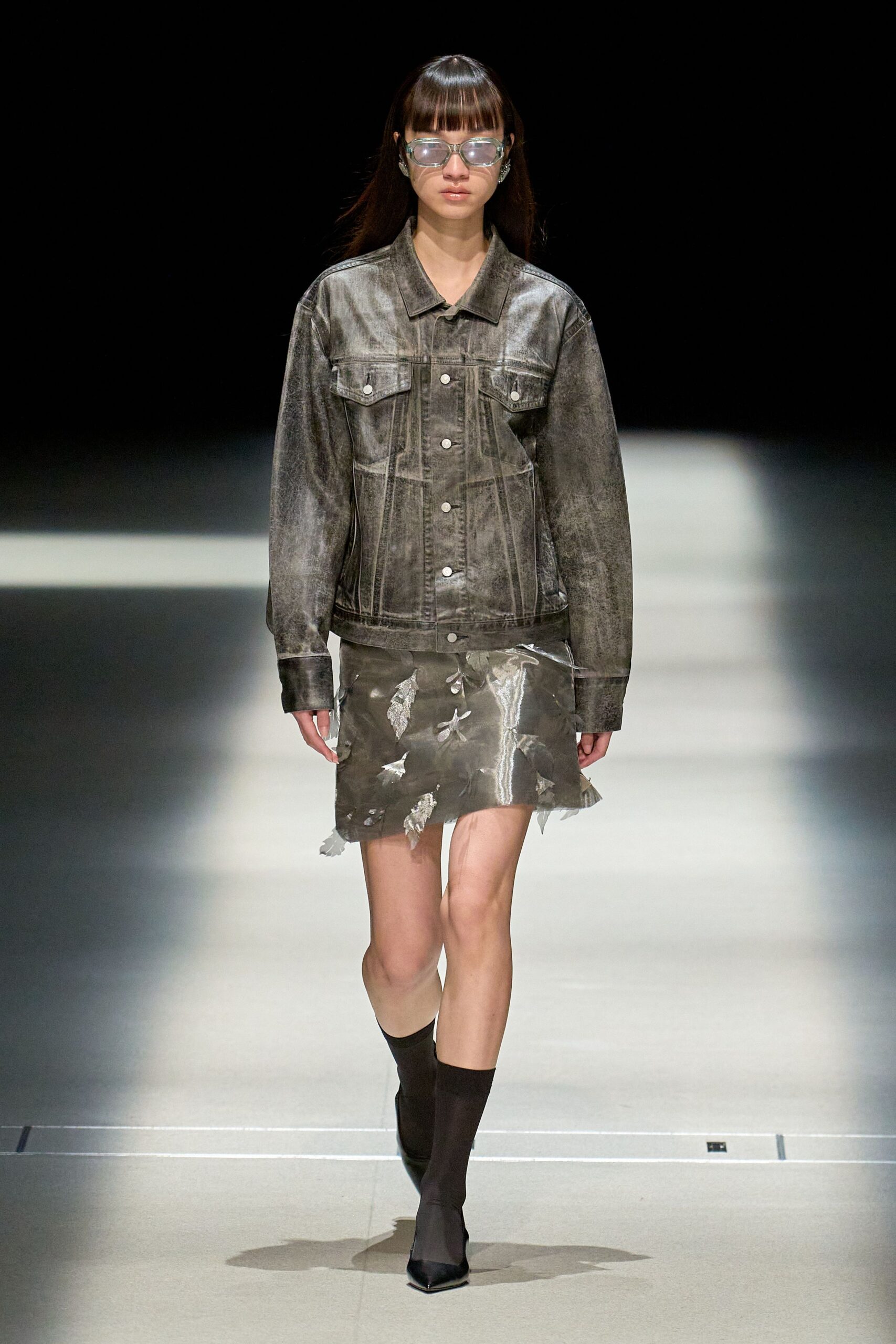 gray denim long-sleeve collared relaxed buttoned distressed jacket
