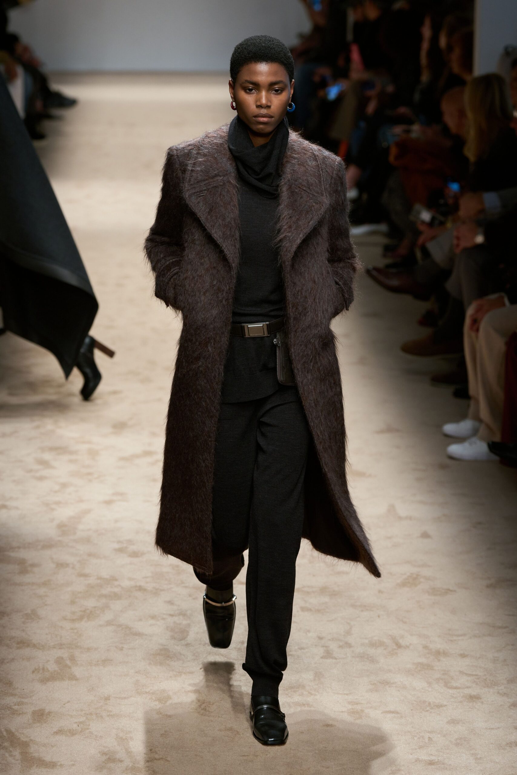 brown fur long-sleeve collared relaxed draped maxi coat