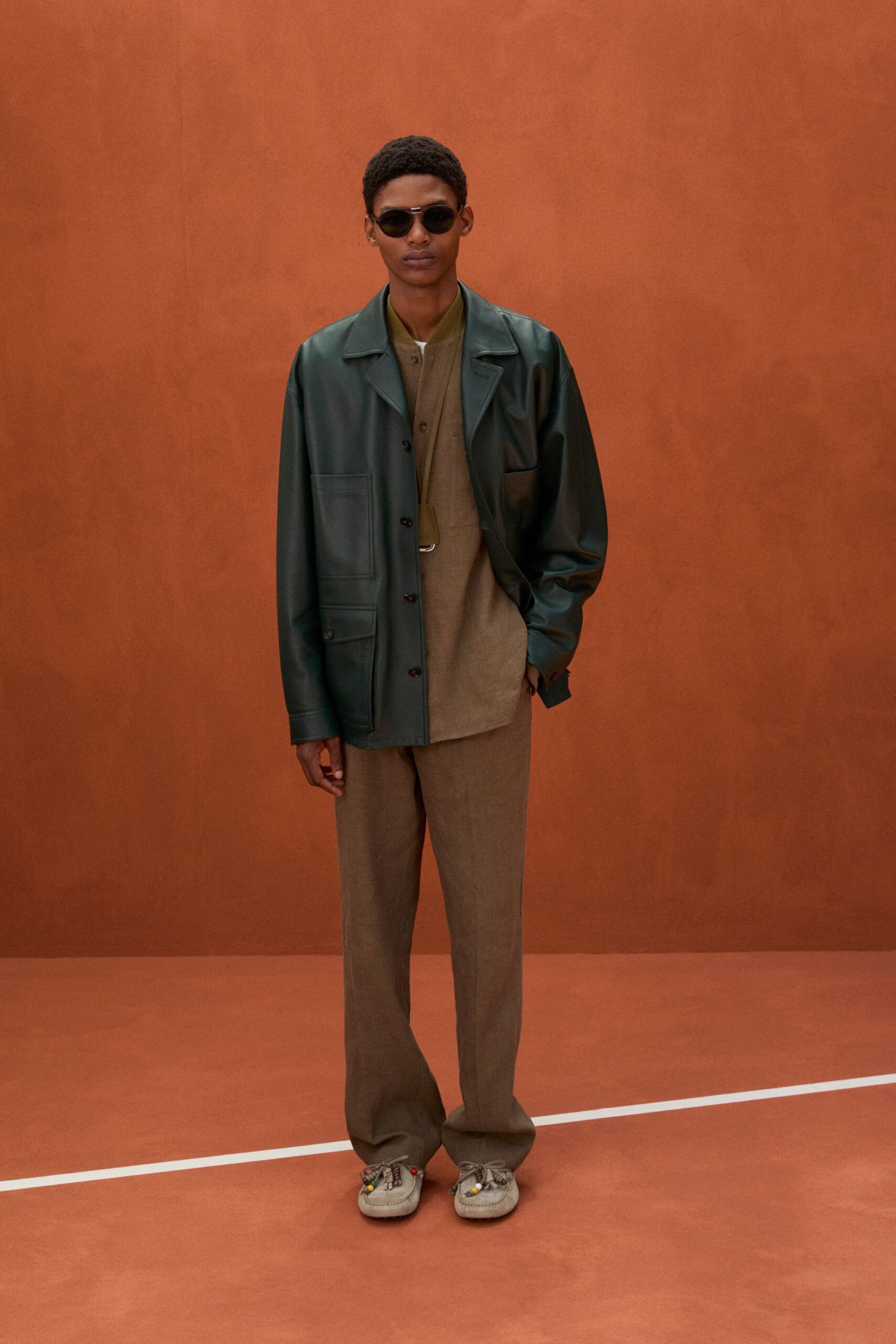 green leather long-sleeve collared relaxed jacket