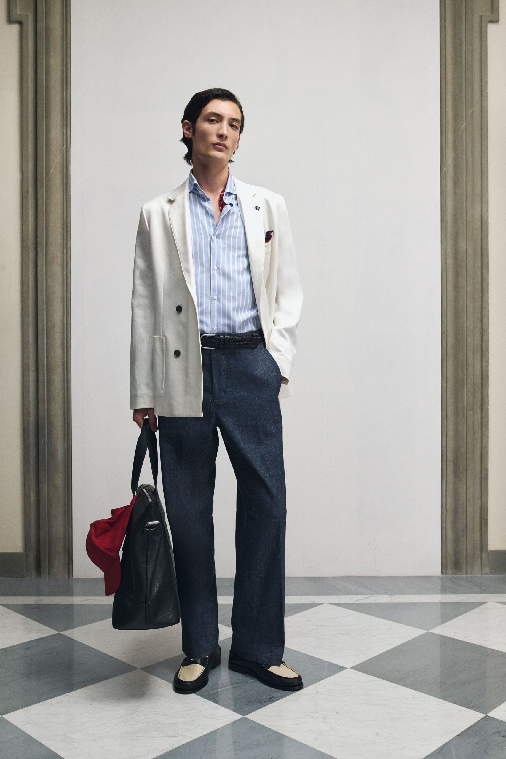 white tailored blazer with blue shirt