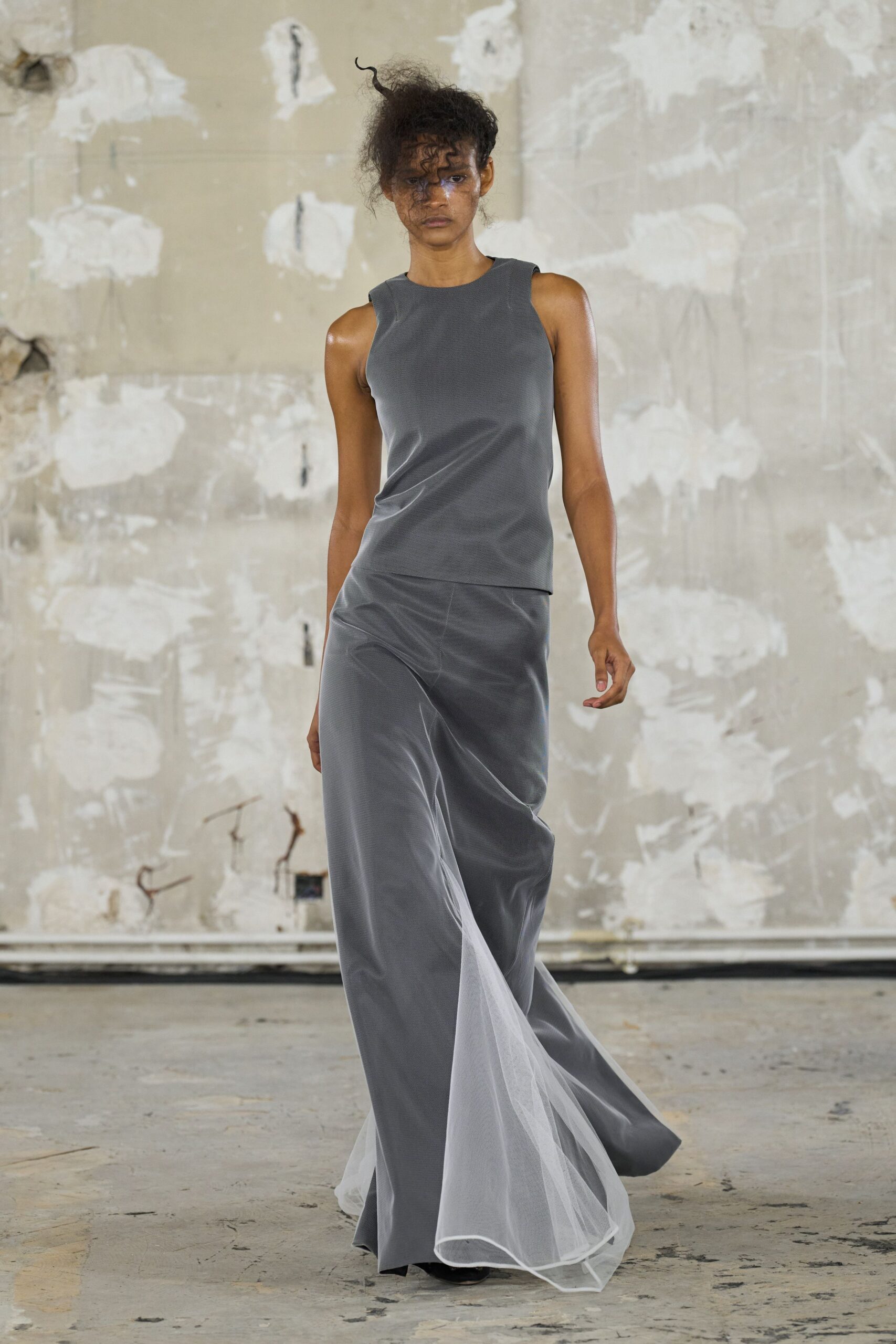 gray silk sleeveless maxi dress