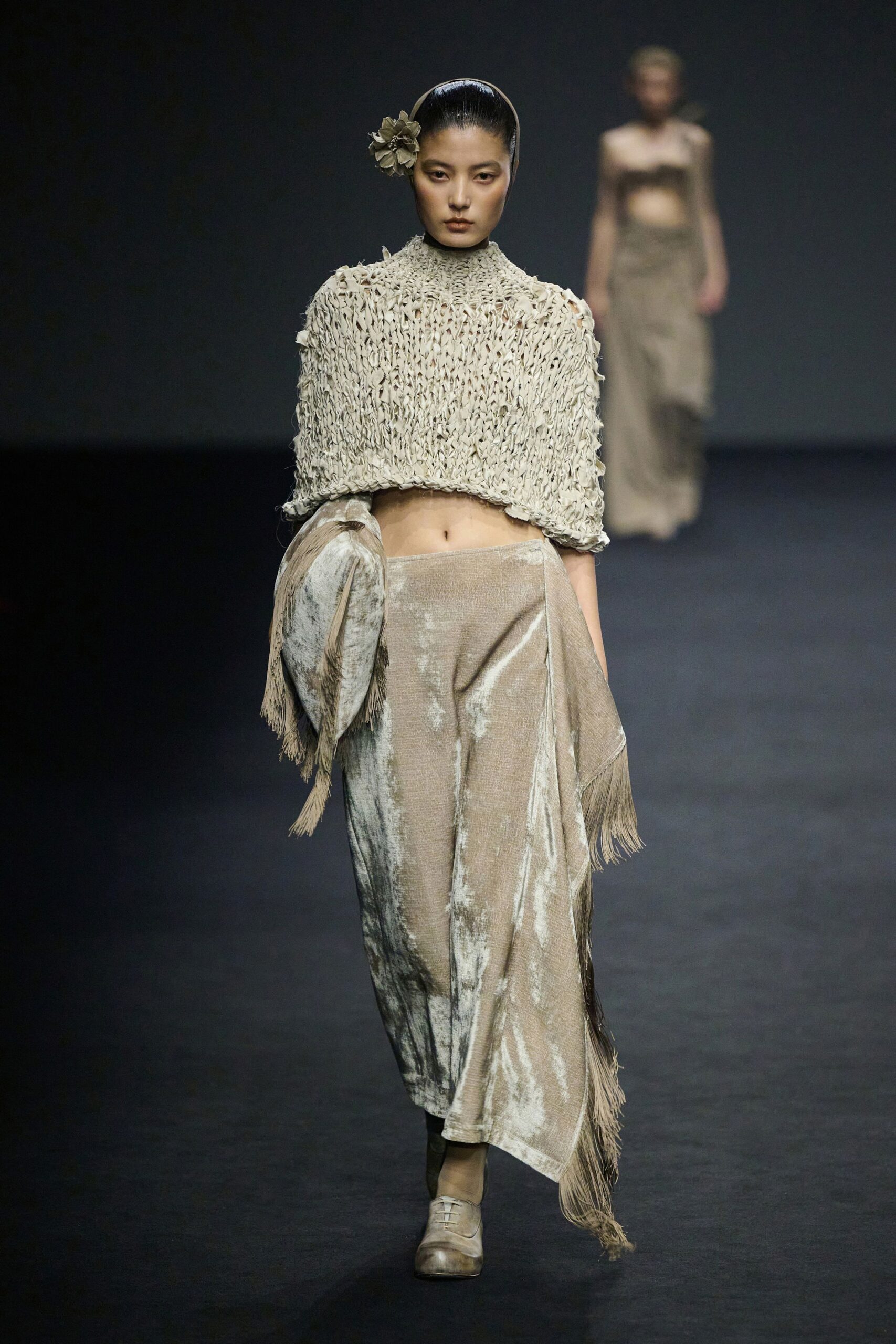 beige crochet top and skirt
