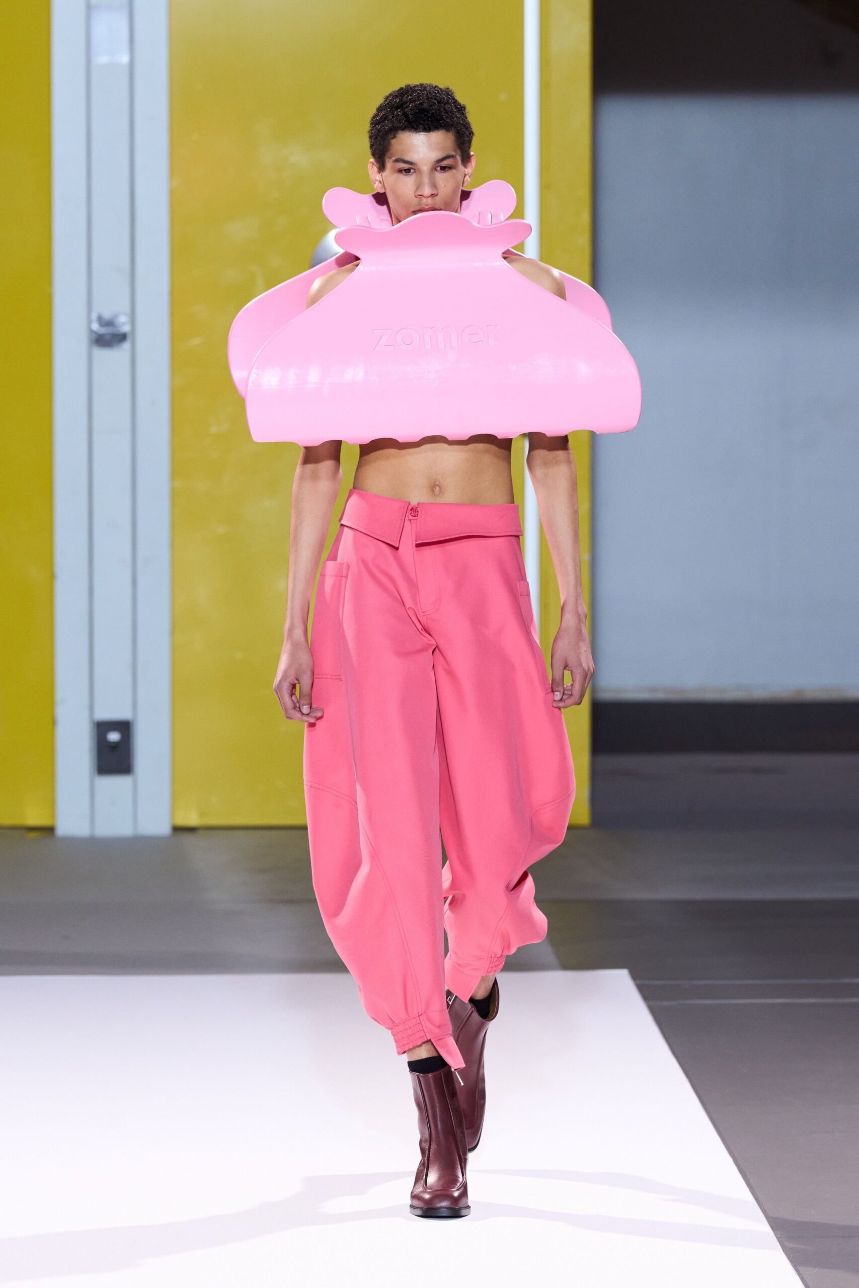pink vinyl top with relaxed pants
