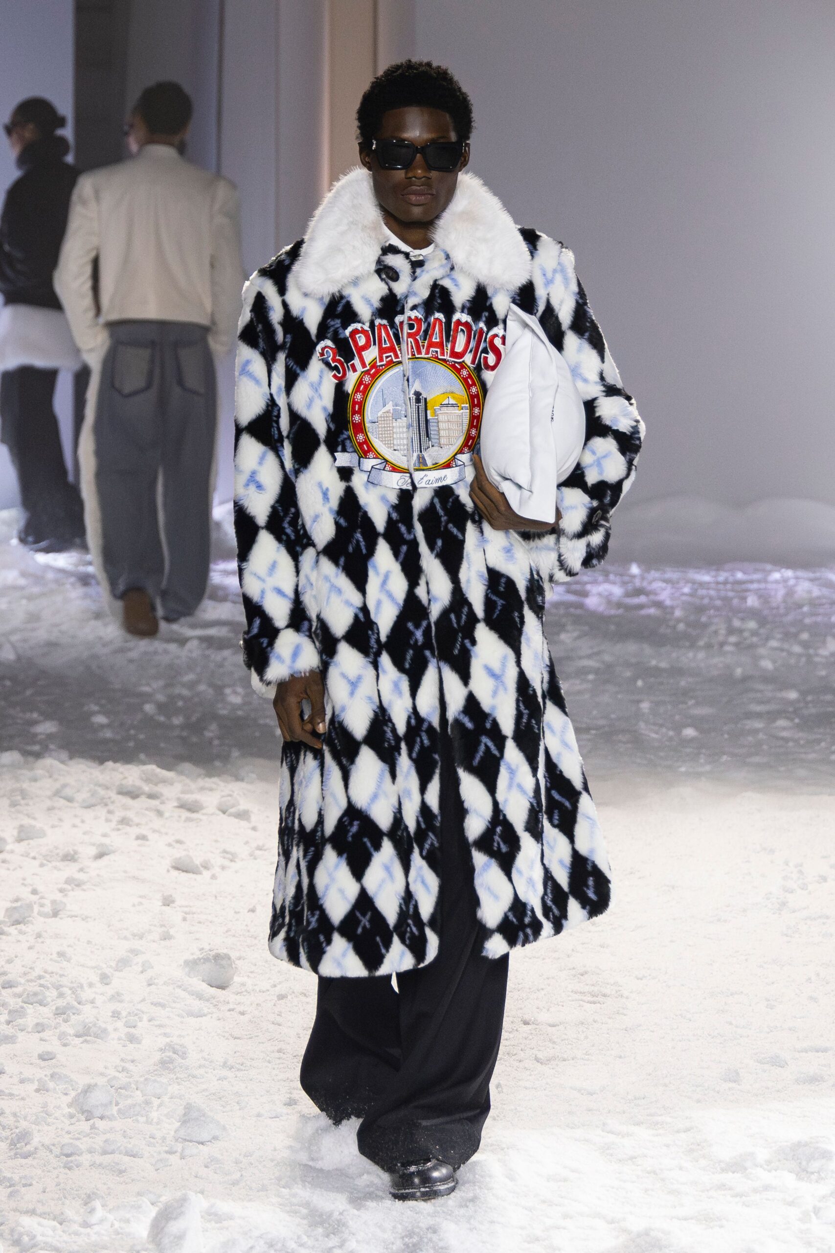 black and white faux-fur coat