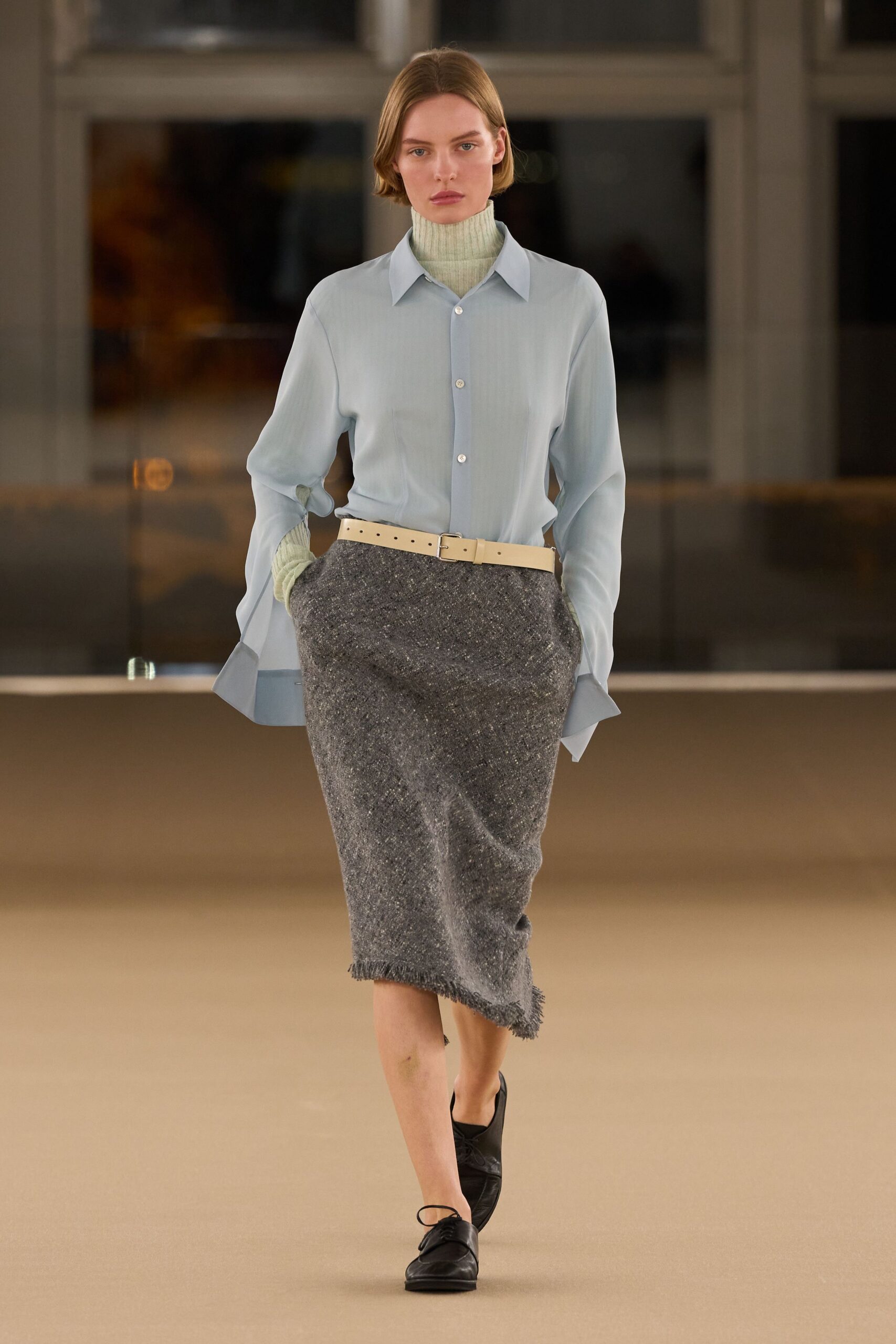blue silk shirt green sweater gray pencil skirt